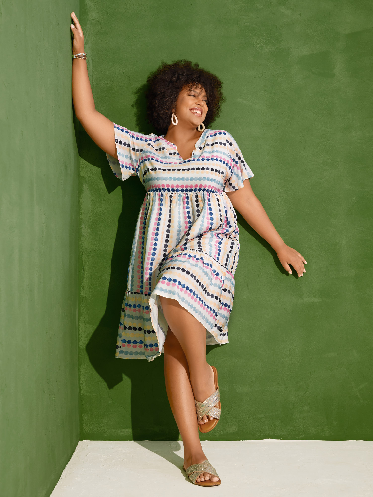 BloomChic Plus Size Dot Print Elastic Waist Split Neck Mini Dress - Curve Ladies WhiteSmoke Playful Long Sleeve Polka dots Side Pocket Daily Dresses 32/5X