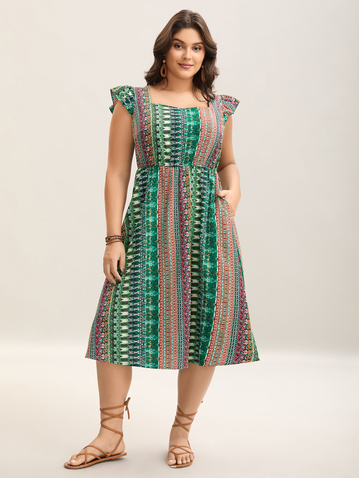 

Plus Size Boho Stripes Pockets Flutter Midi Dress Emerald Women Heart neckline Cap Sleeve Curvy BloomChic