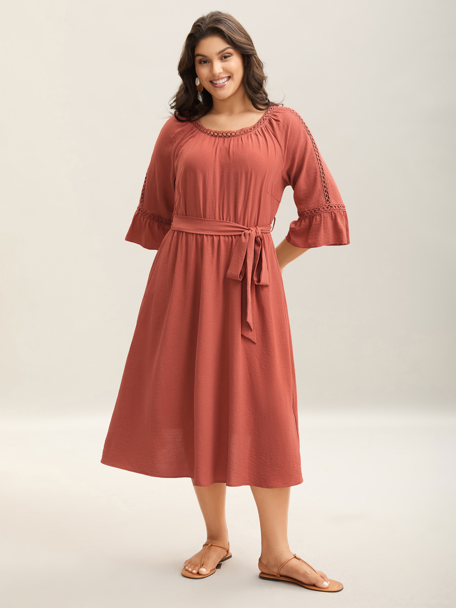 

Plus Size Lace Waist-Tie Pockets Midi Dress Salmon Women Belted Round Neck Elbow-length sleeve Curvy BloomChic