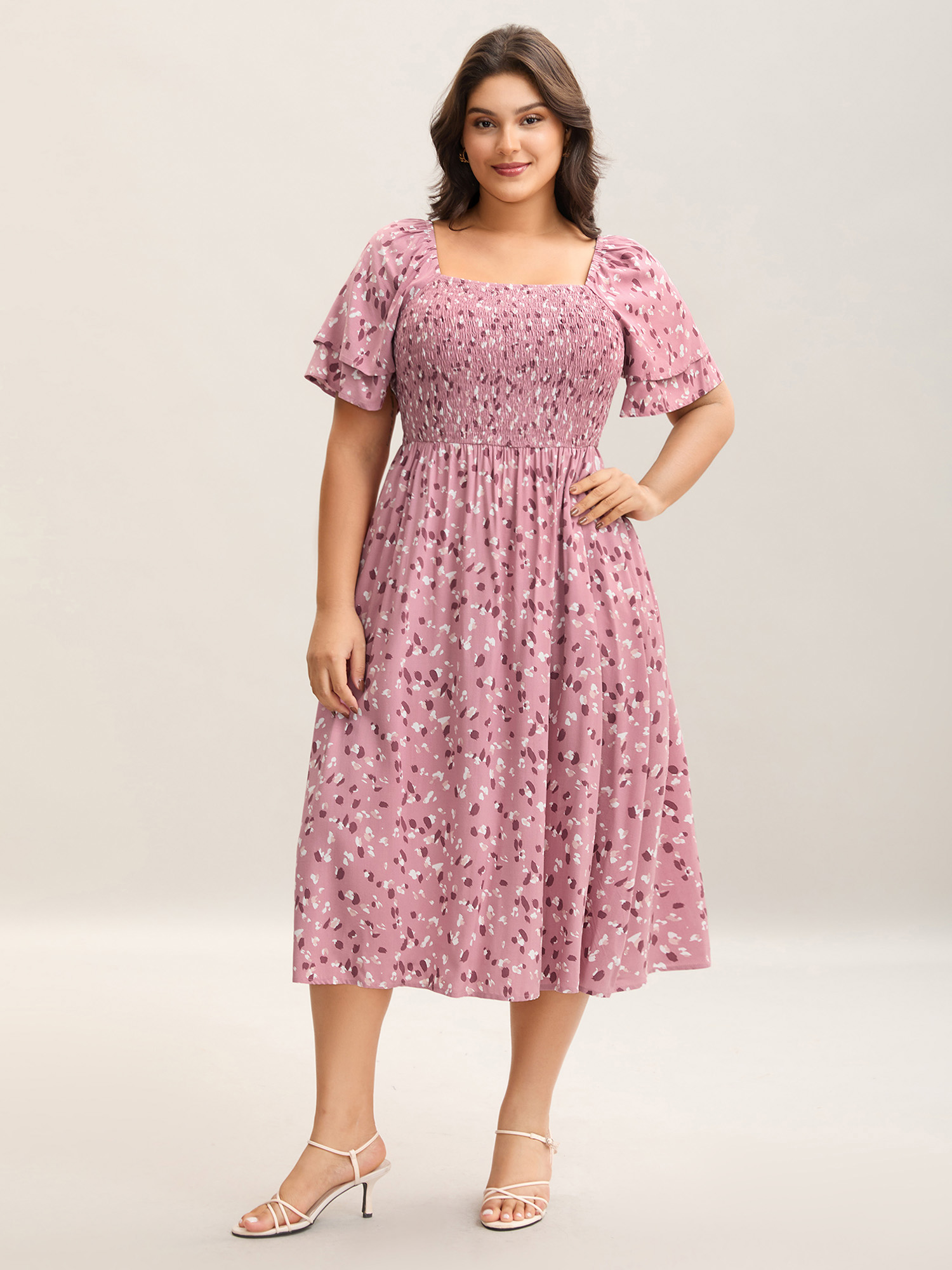 

Plus Size Floral Print Shirred Pockets Midi Dress Blush Women Shirred Square Neck Short sleeve Curvy BloomChic