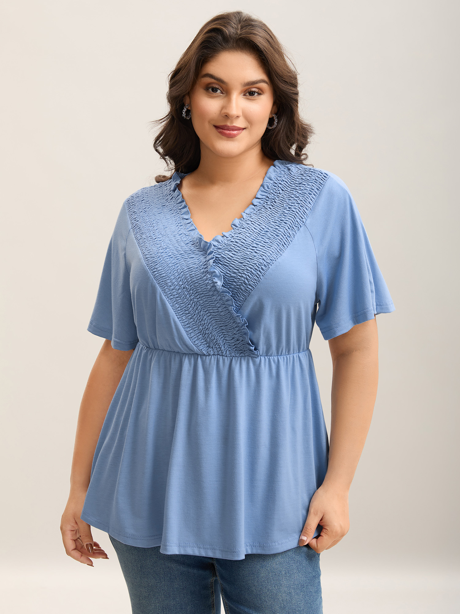 

Plus Size Shirred Surplice Neck Plain Knit Top LightBlue Overlap Collar Half Sleeve Resort Jersey Tops