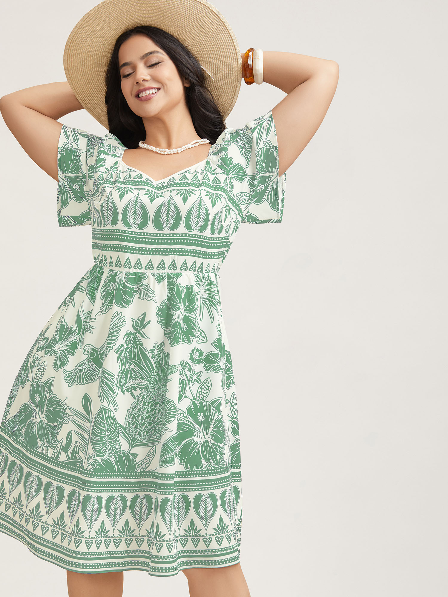 

Plus Size Boho Print Fit Flare Pockets Midi Dress Mint Women Resort Non Heart neckline Short sleeve Curvy BloomChic