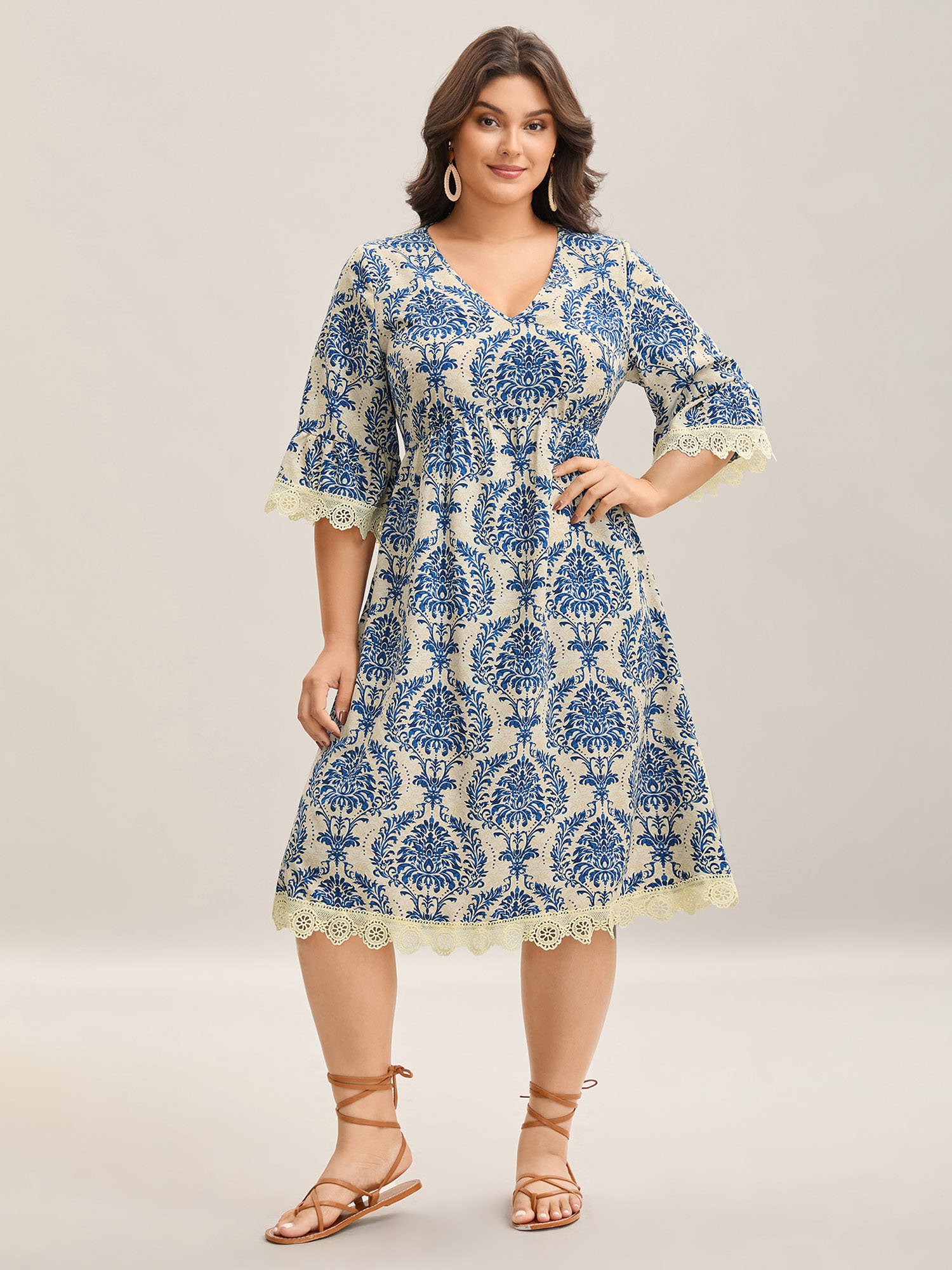 

Plus Size Damask Print Lace Detail Midi Dress Mediumblue Women Woven ribbon&lace trim V-neck Elbow-length sleeve Curvy BloomChic