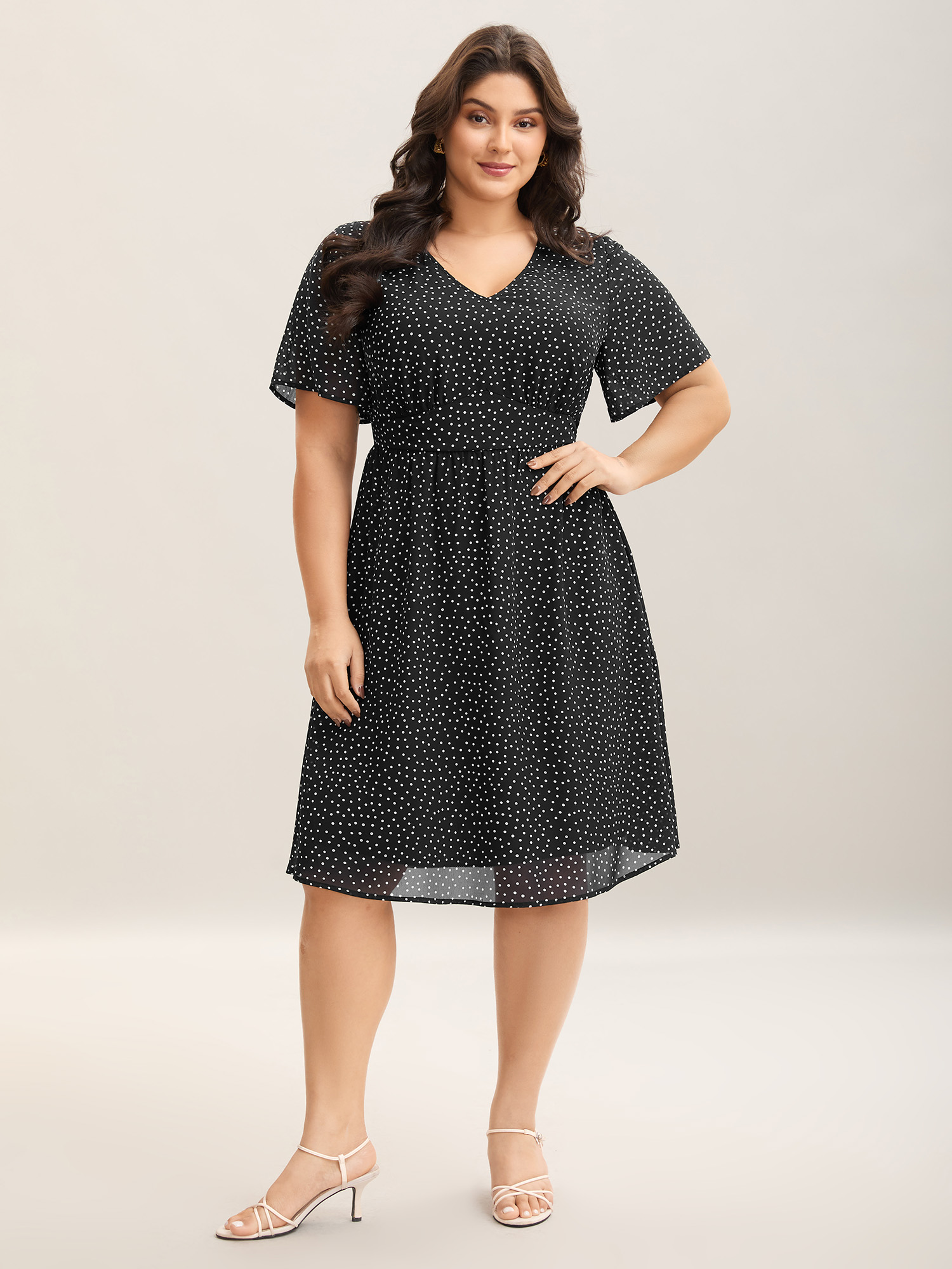 

Plus Size Dot Print Stretchy Waist Chiffon Midi Dress Black Women V-neck Short sleeve Curvy BloomChic