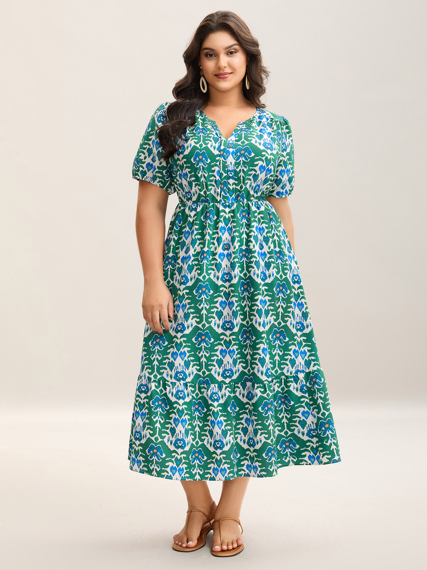 

Plus Size Boho Pattern Stretchy Waist Pockets Midi Dress Teal Women Flat collar with V-notch Short sleeve Curvy BloomChic