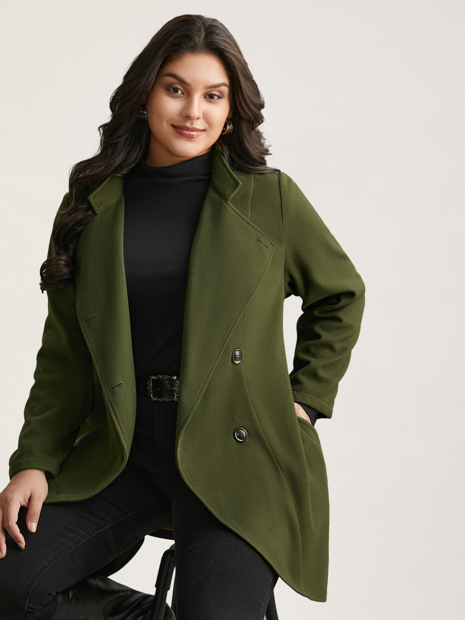 BloomChic Plus Size Solid Wrap Button Up Asymmetrical Hem Coat - Curve Women's Winterwear- ArmyGreen Comfort Sleeve Fit Tunic Fit & Flare Coats 14/M