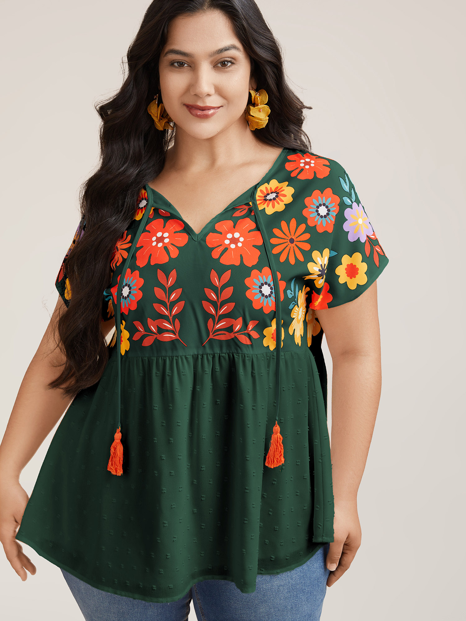 

Plus Size DarkGreen Floral Print Neck-Tie Babydoll Top Women Resort Short sleeve Non Vacation Blouses BloomChic