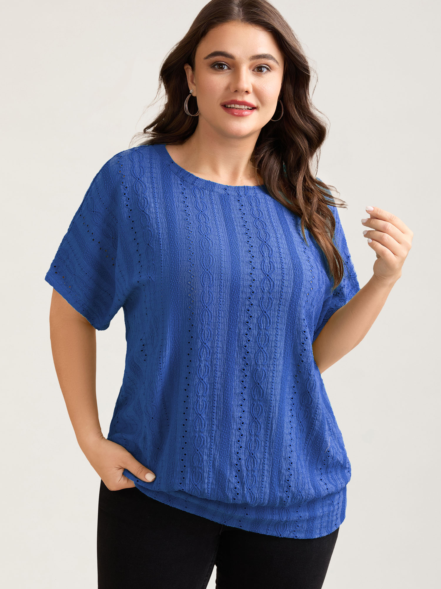 

Plus Size Eyelet Trim Stretchy Textured Plain Top Mediumblue Round Neck Short sleeve Casual Jersey Tops