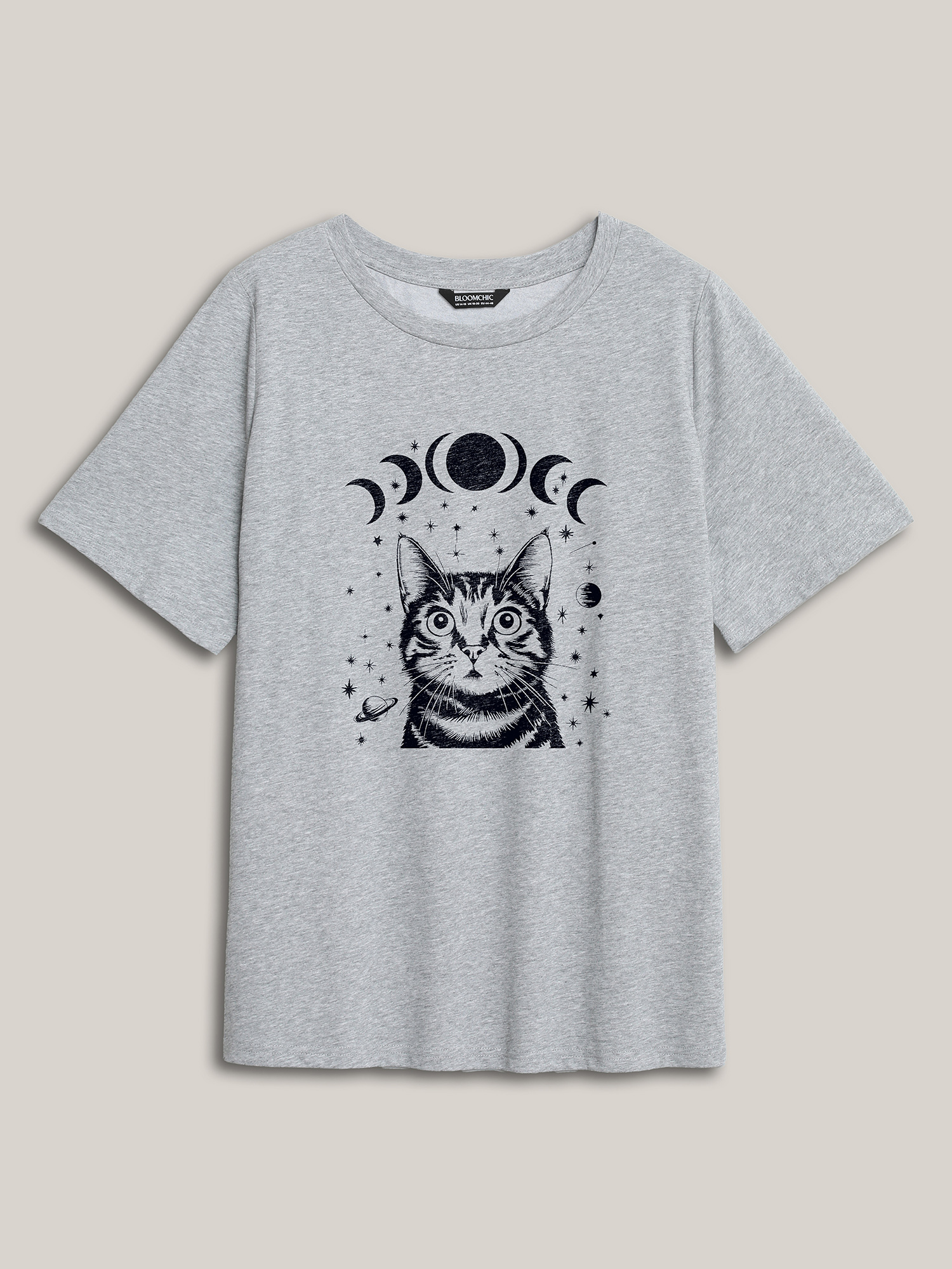 

Plus Size Celestial Cat Pattern Crewneck T-Shirt Mediumgray Women Non Animals Round Neck Everyday-Casual T-shirts BloomChic