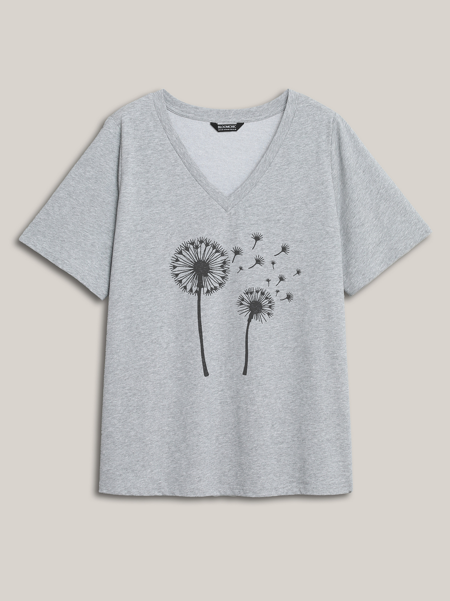 

Plus Size Dandelion Flower Pattern Crewneck T-Shirt Mediumgray Women Non V-neck Everyday-Casual T-shirts BloomChic