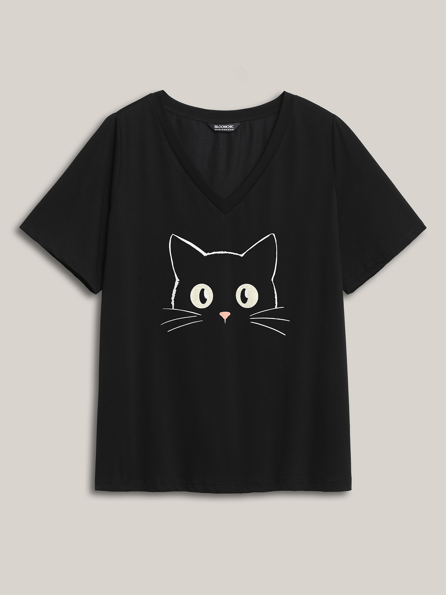 

Plus Size Cat Pattern Crewneck T-Shirt Black Women Non Animals V-neck Everyday-Casual T-shirts BloomChic