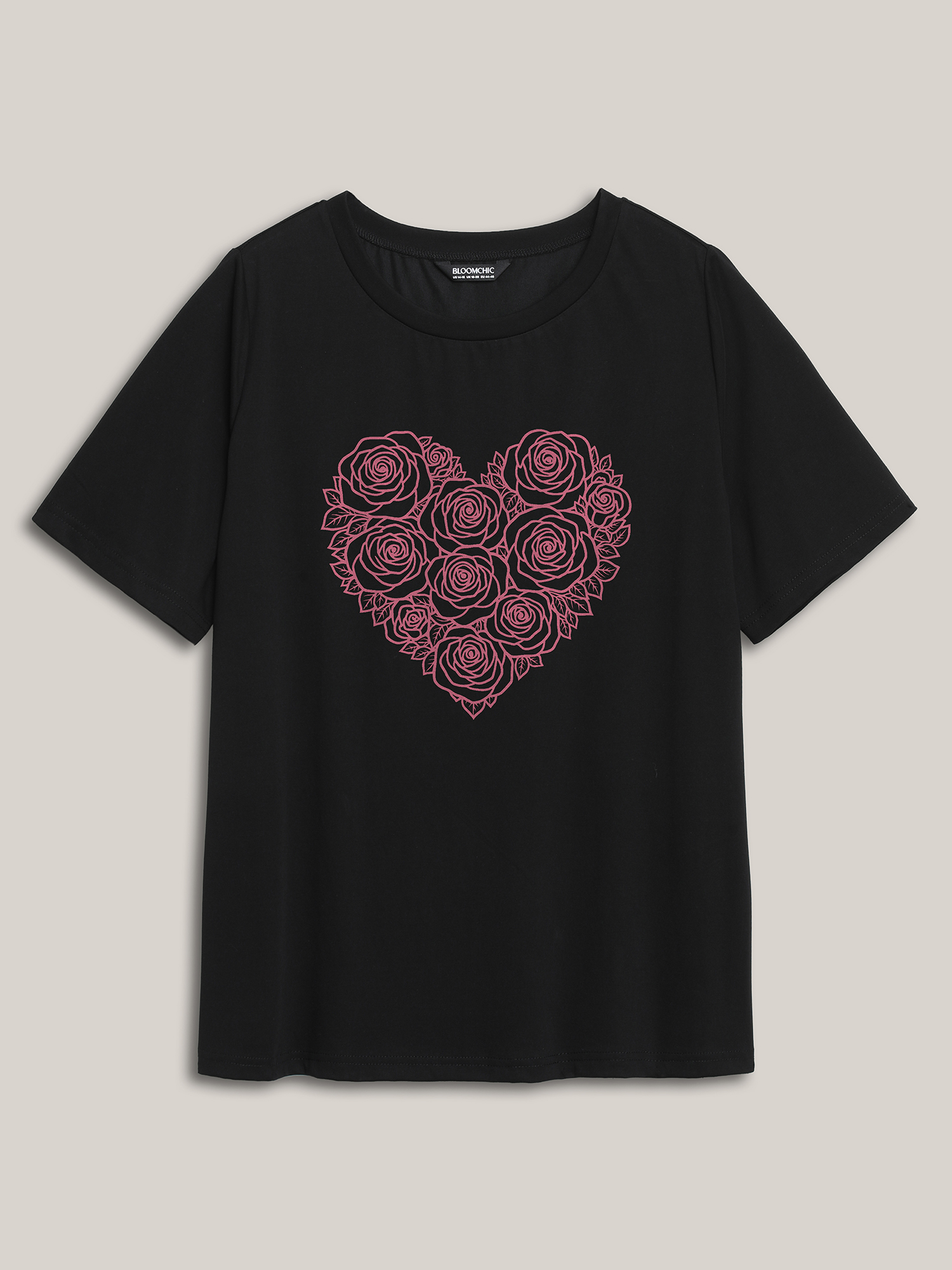 

Plus Size Rosy Heart Pattern Crewneck T-Shirt Black Women Non Natural Flowers Round Neck Everyday-Casual T-shirts BloomChic