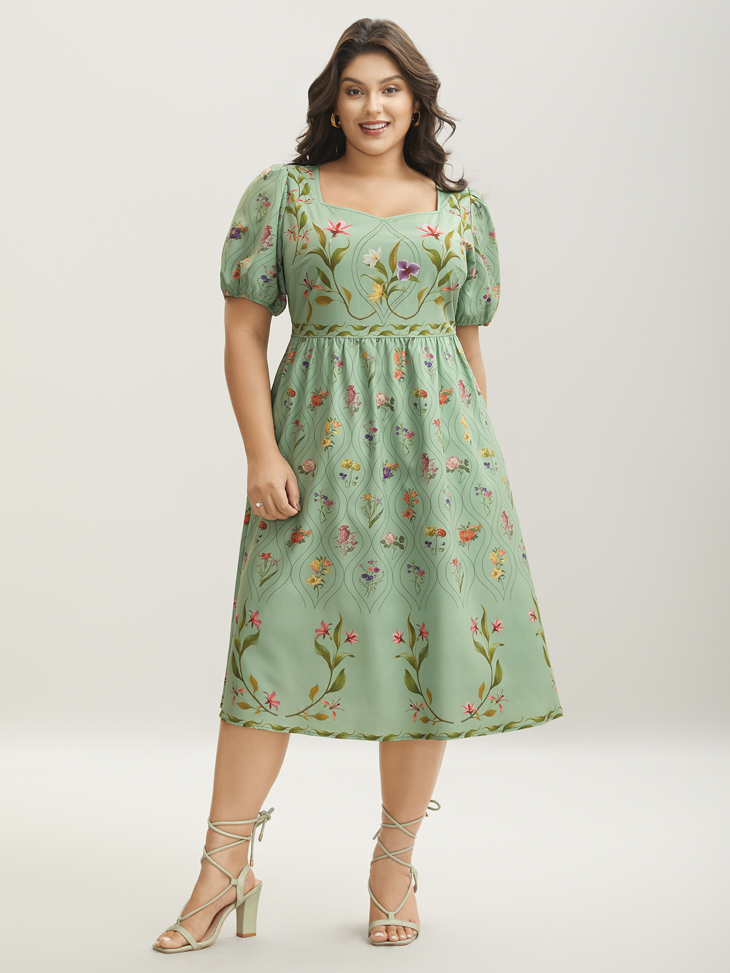 

Plus Size Garden Print Pockets Puff Sleeve Midi Dress Greenbean Women Heart neckline Short sleeve Curvy BloomChic