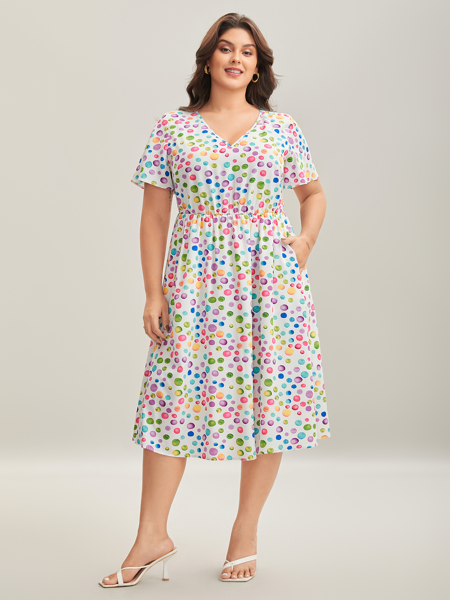 

Plus Size Polka Dots Print Pockets V-Neck Midi Dress Originalwhite Women V-neck Short sleeve Curvy BloomChic