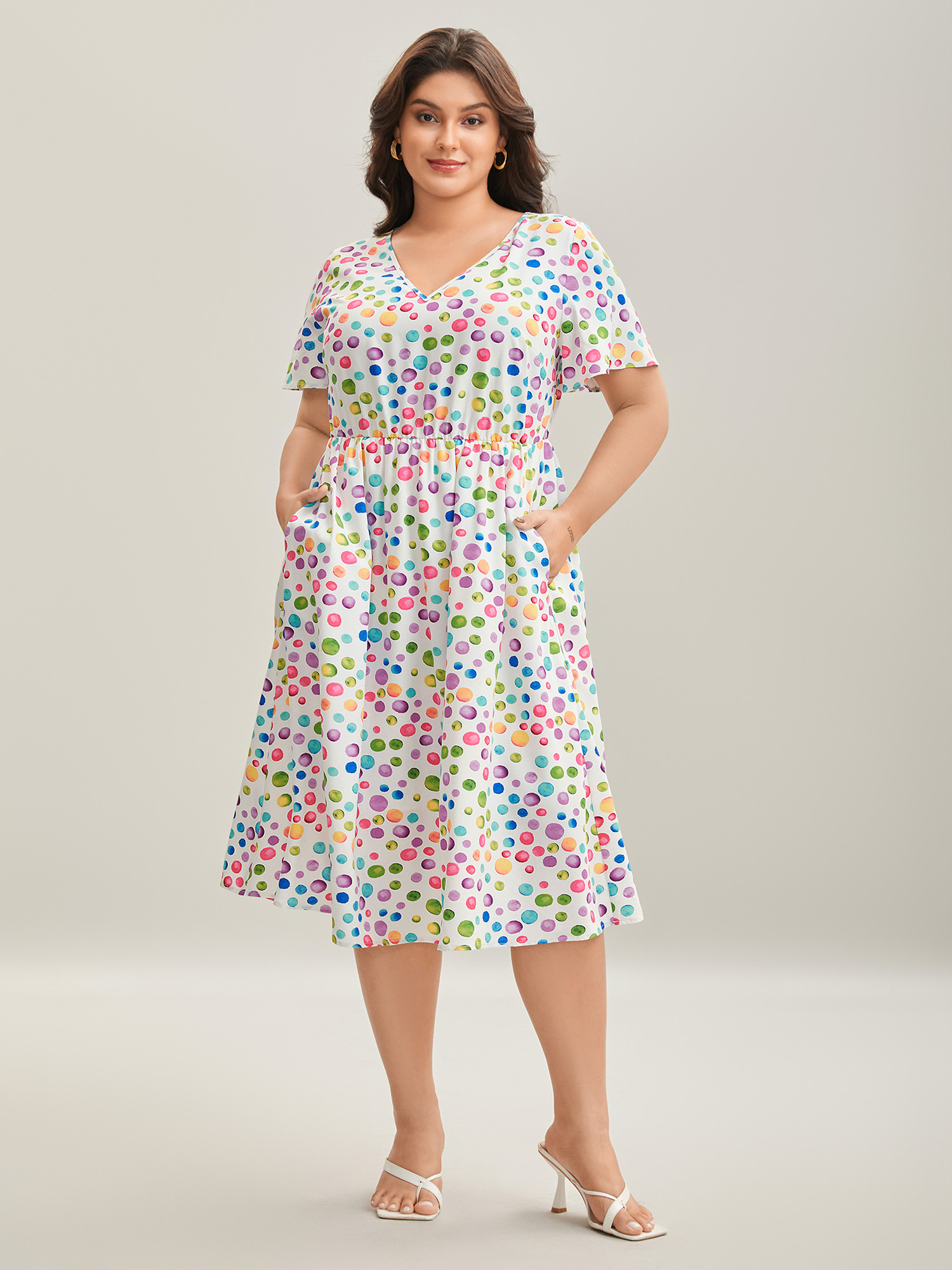 

Plus Size Polka Dots Print Pockets V-Neck Midi Dress Originalwhite Women V-neck Short sleeve Curvy BloomChic