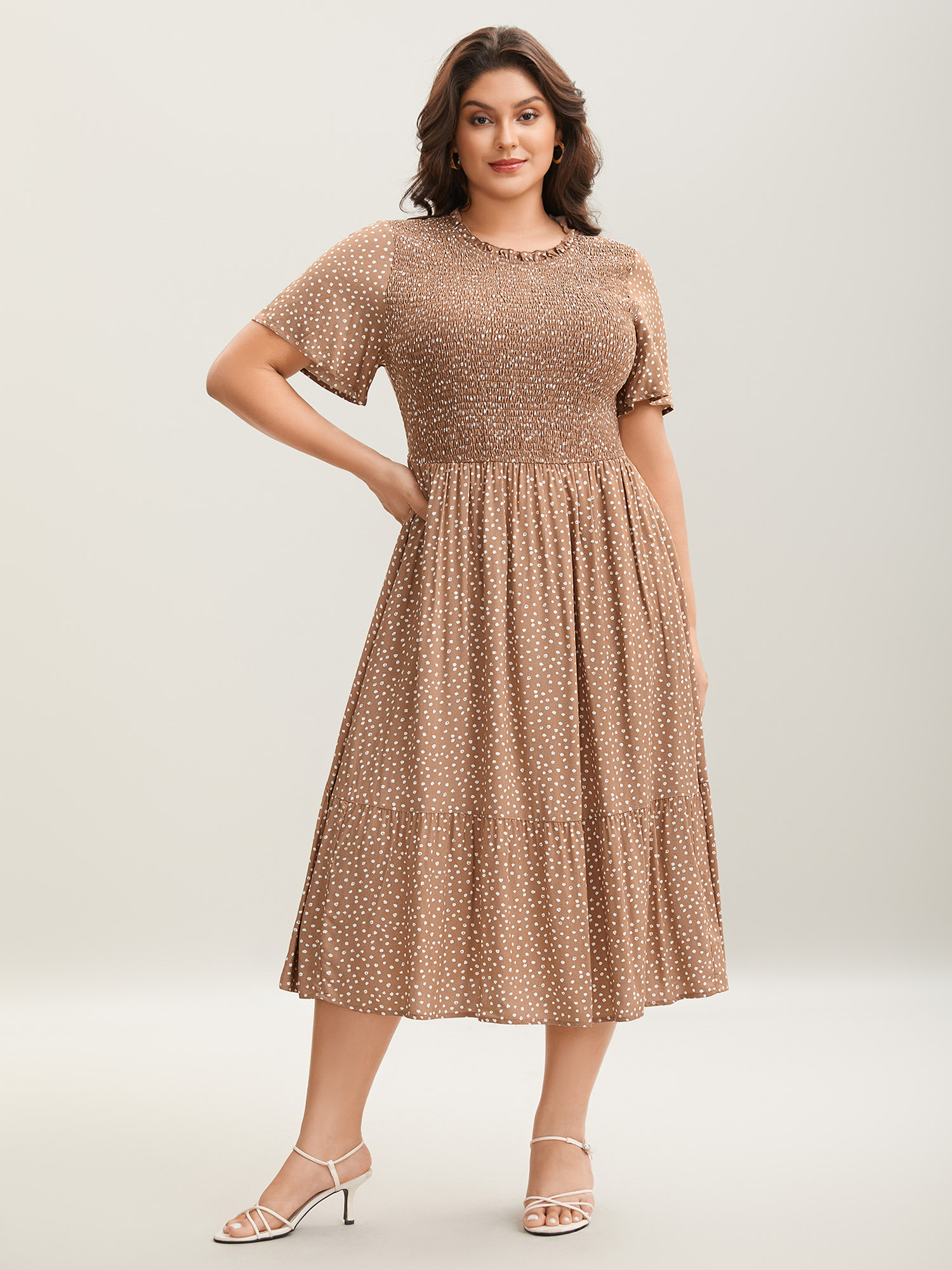 

Plus Size Shirred Polka Dots Pockets Midi Dress Tan Women Round Neck Short sleeve Curvy BloomChic