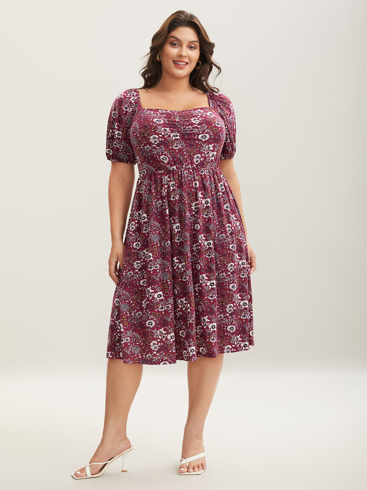 

Plus Size Stretchy Ruched Bust Floral Midi Dress Burgundy Women Knit Dresses Bloomchic