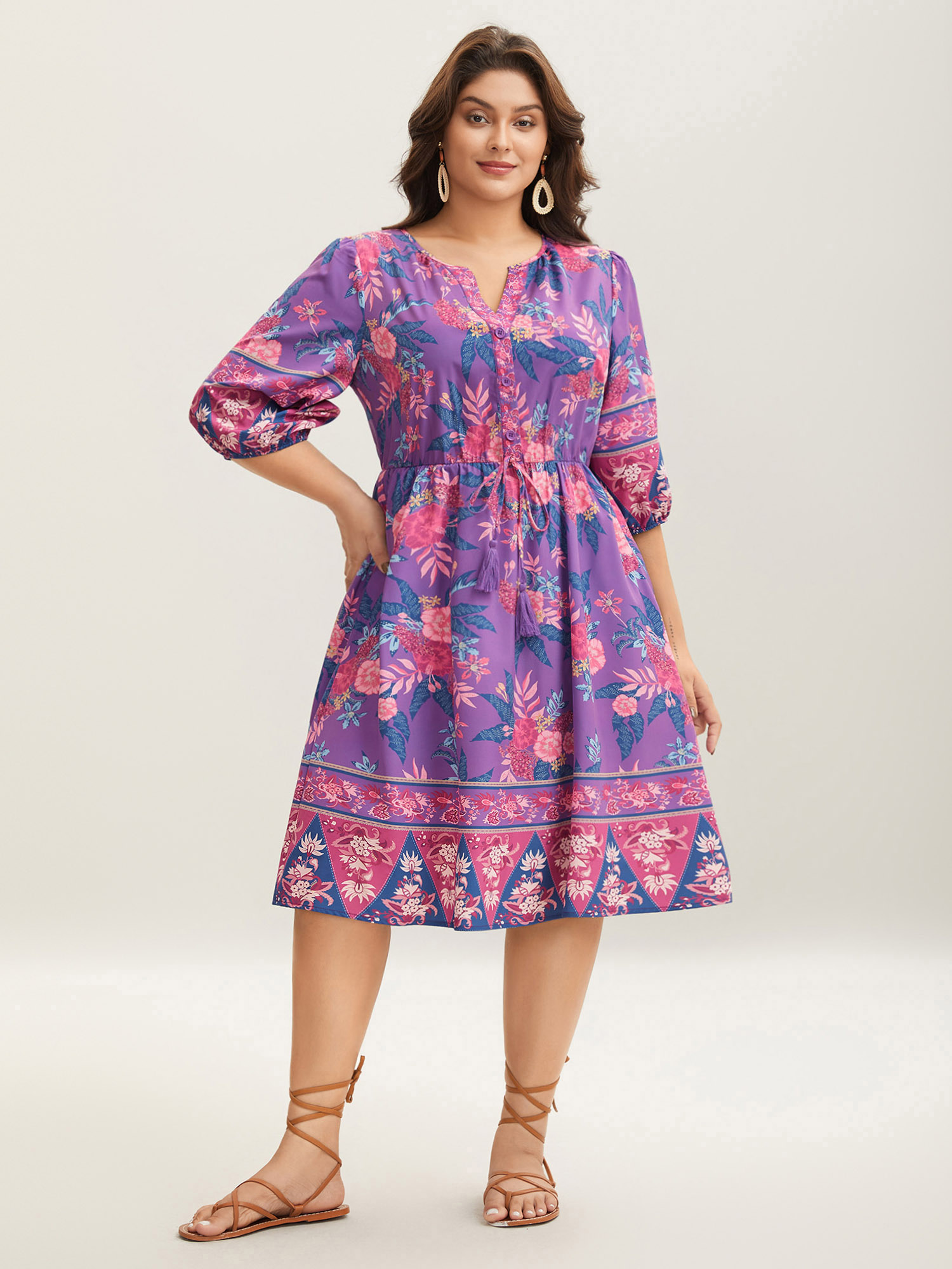 

Plus Size Large Flower Print Split Neck Midi Dress DarkViolet Women Notched collar Elbow-length sleeve Curvy BloomChic