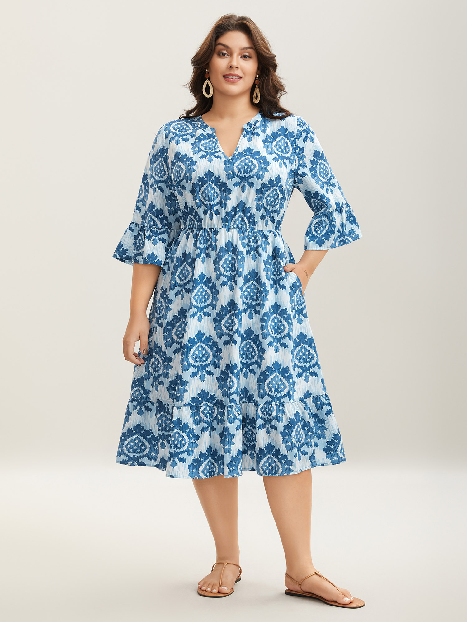 

Plus Size Damask Pattern Ruffle Sleeve Midi Dress Mediumblue Women Flat collar with V-notch Elbow-length sleeve Curvy BloomChic