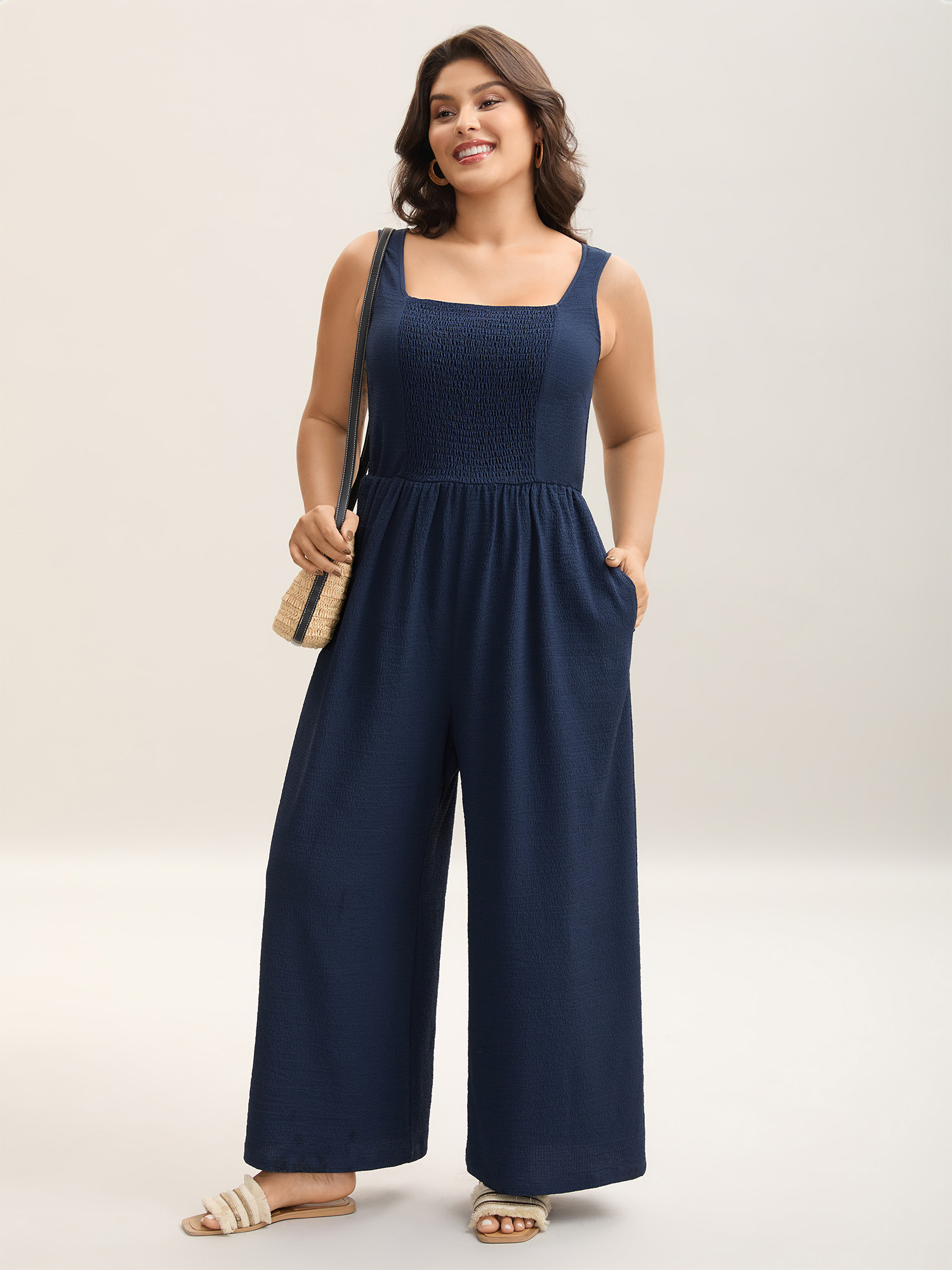 

Plus Size Midnight Shirred Pockets Wide-Leg Plain Jumpsuit Women Sleeveless Non Vacation Loose Jumpsuits BloomChic