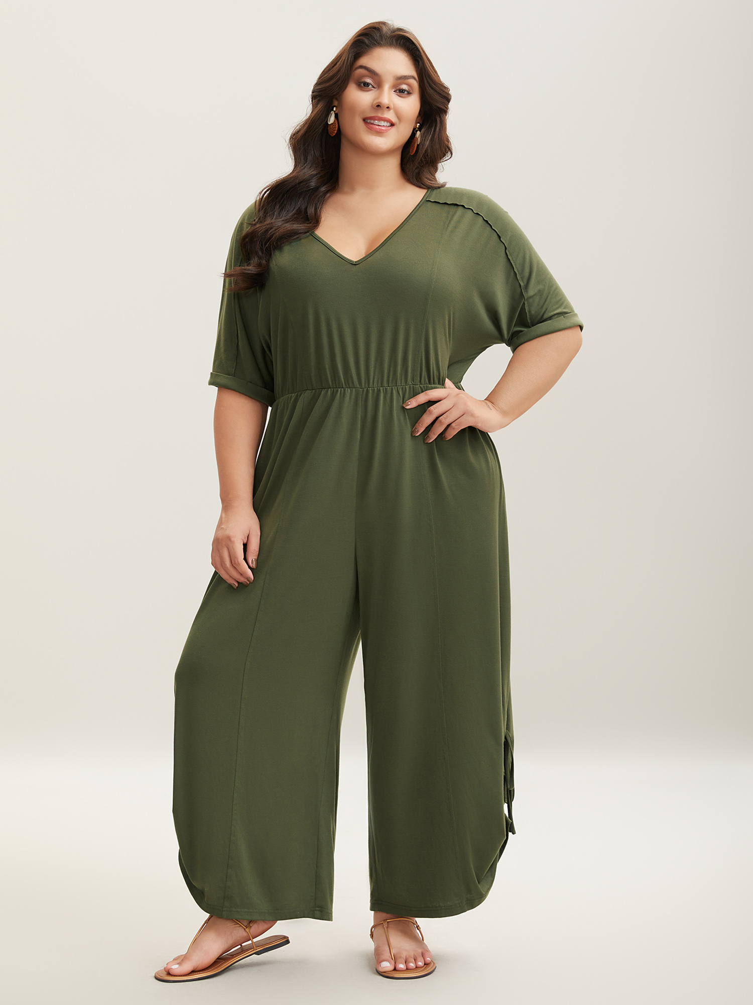 

Plus Size ArmyGreen Tie-Up Hem Pull-Over Stretch Jumpsuit Women Short sleeve V-neck Vacation Loose Jumpsuits BloomChic