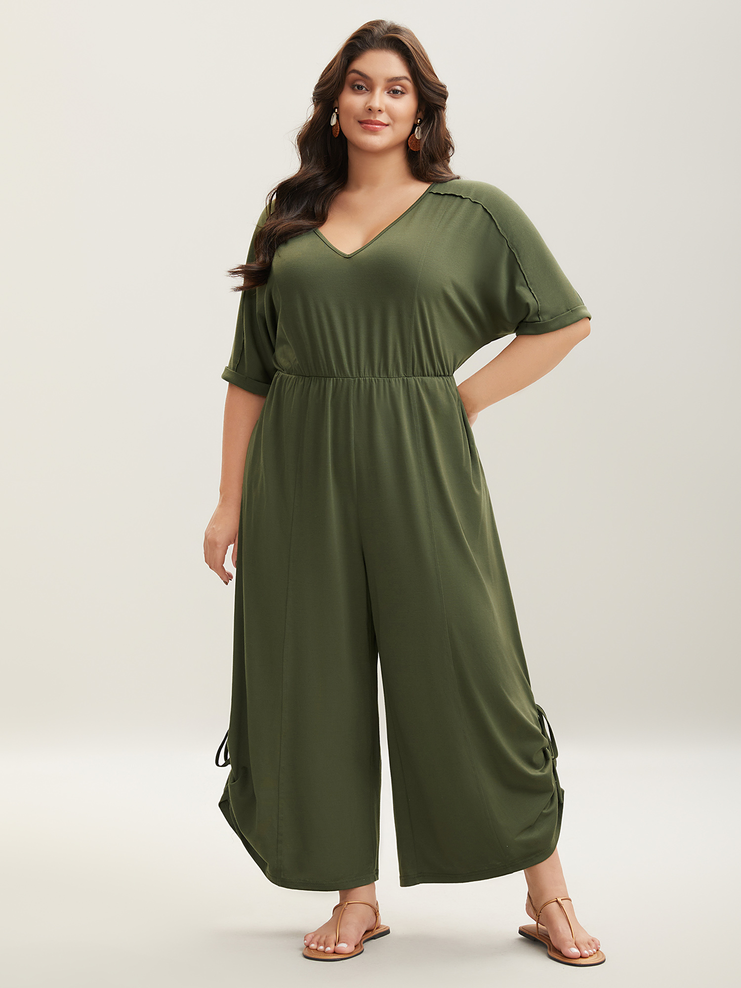 

Plus Size ArmyGreen Tie-Up Hem Pull-Over Stretch Jumpsuit Women Short sleeve V-neck Vacation Loose Jumpsuits BloomChic