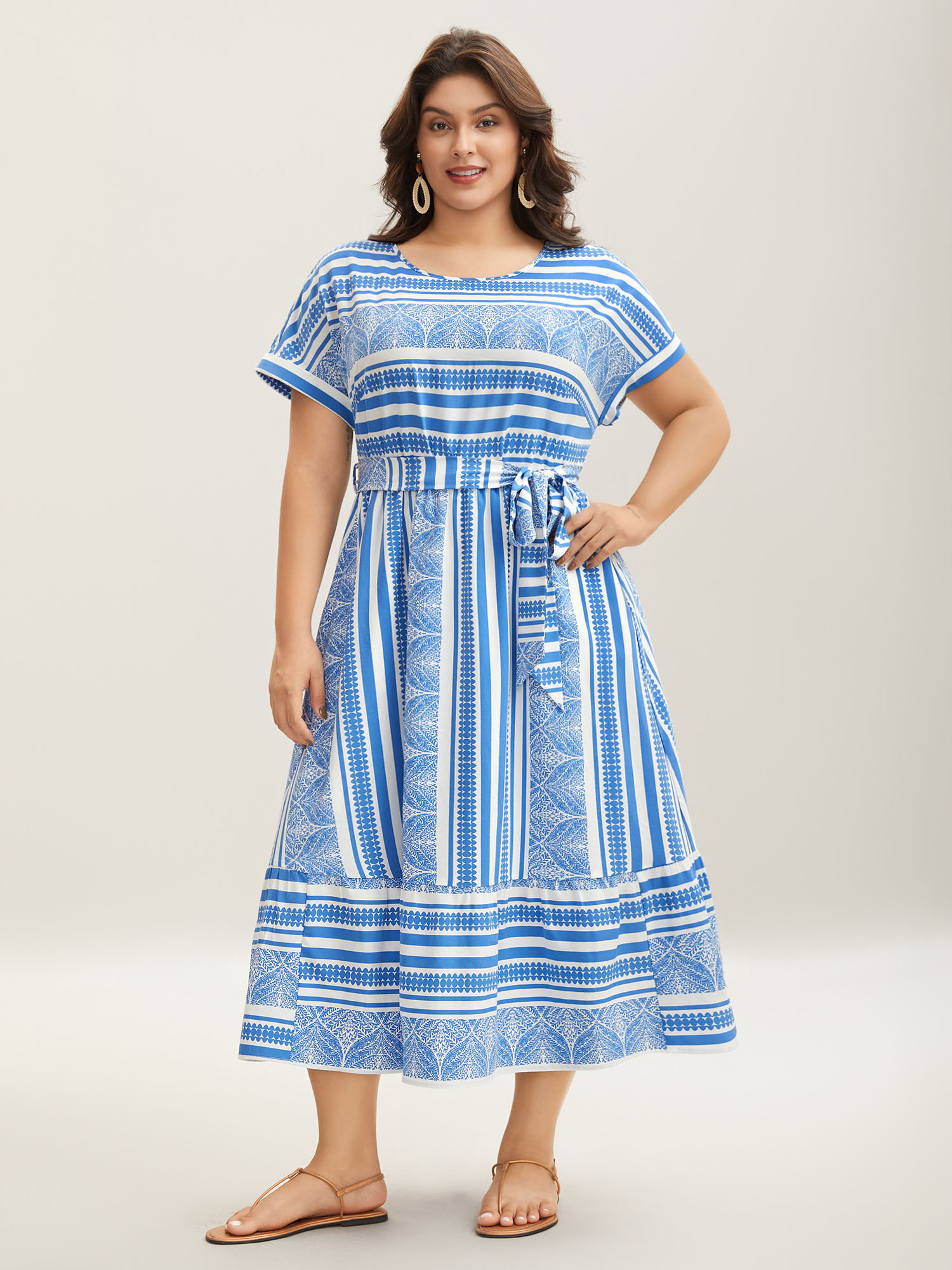 

Plus Size Nautical Stripes Belted Pockets Maxi Dress Skyblue Women Round Neck Cap Sleeve Curvy BloomChic