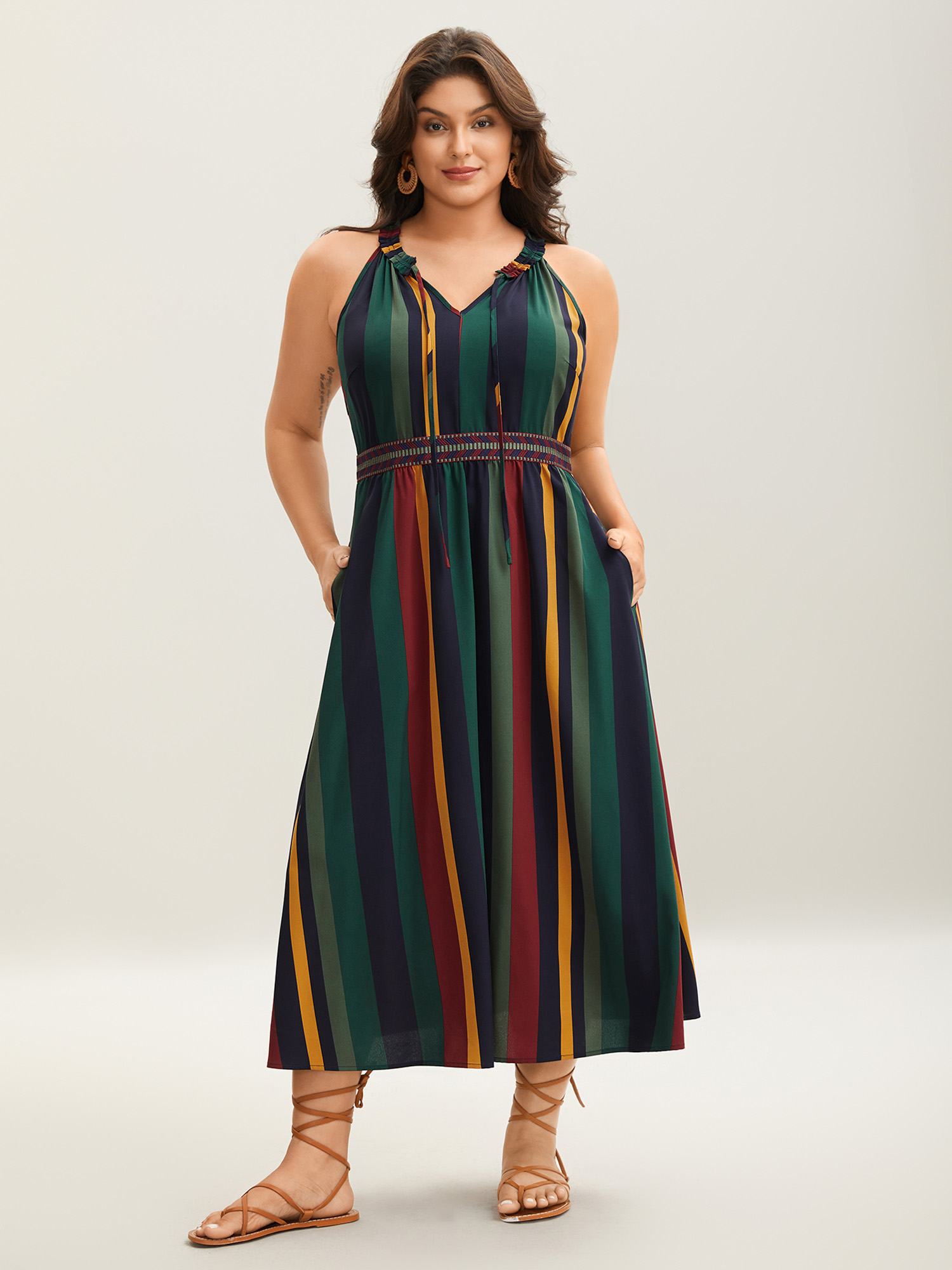 

Plus Size Multi-Color Stripes Waist-Defining Midi Dress Multicolor Women Tie knot V-neck Sleeveless Curvy BloomChic