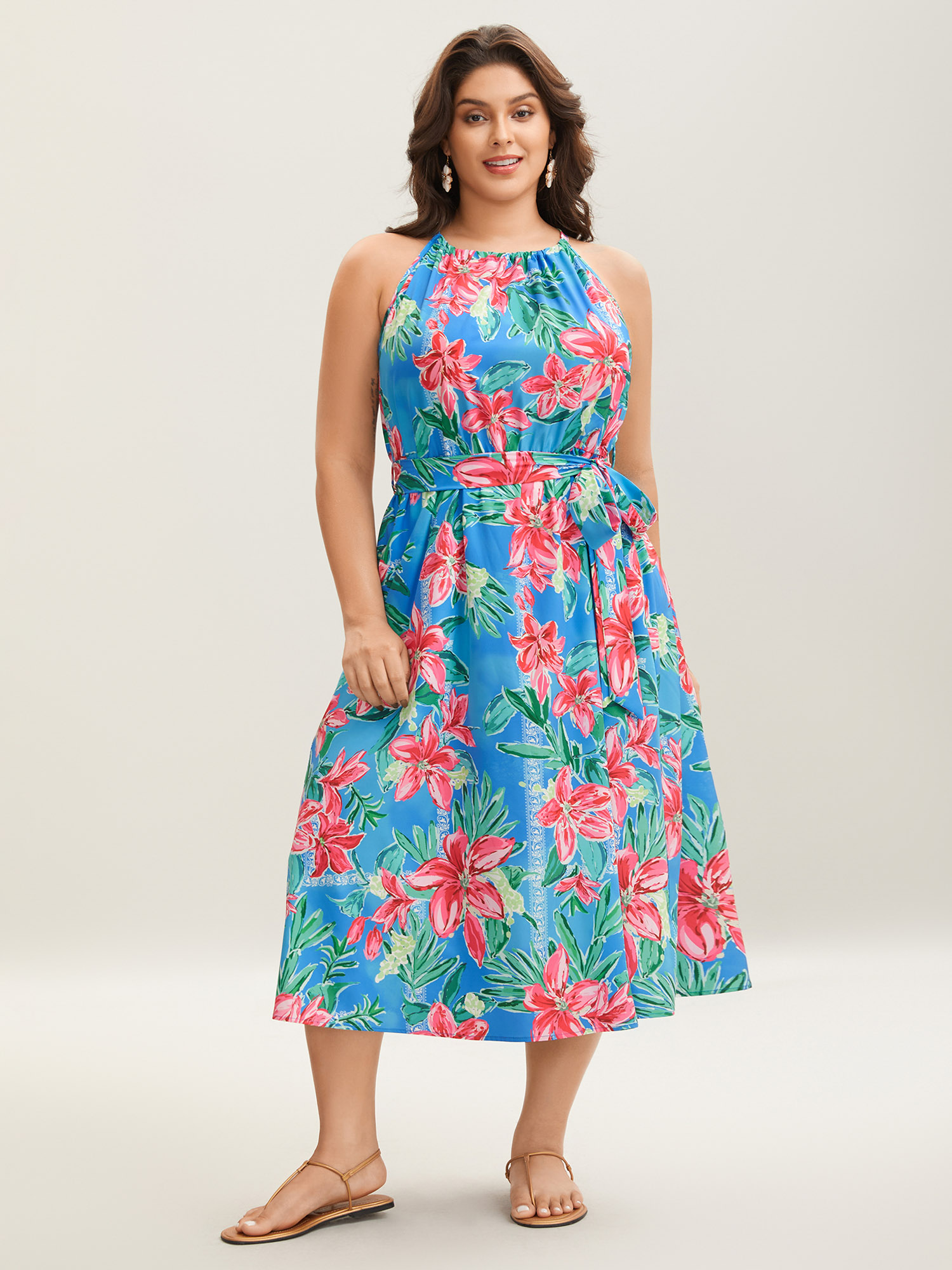 

Plus Size Sweet Tropical Print Halter Neck Dress Skyblue Women Halter neck Sleeveless Curvy BloomChic