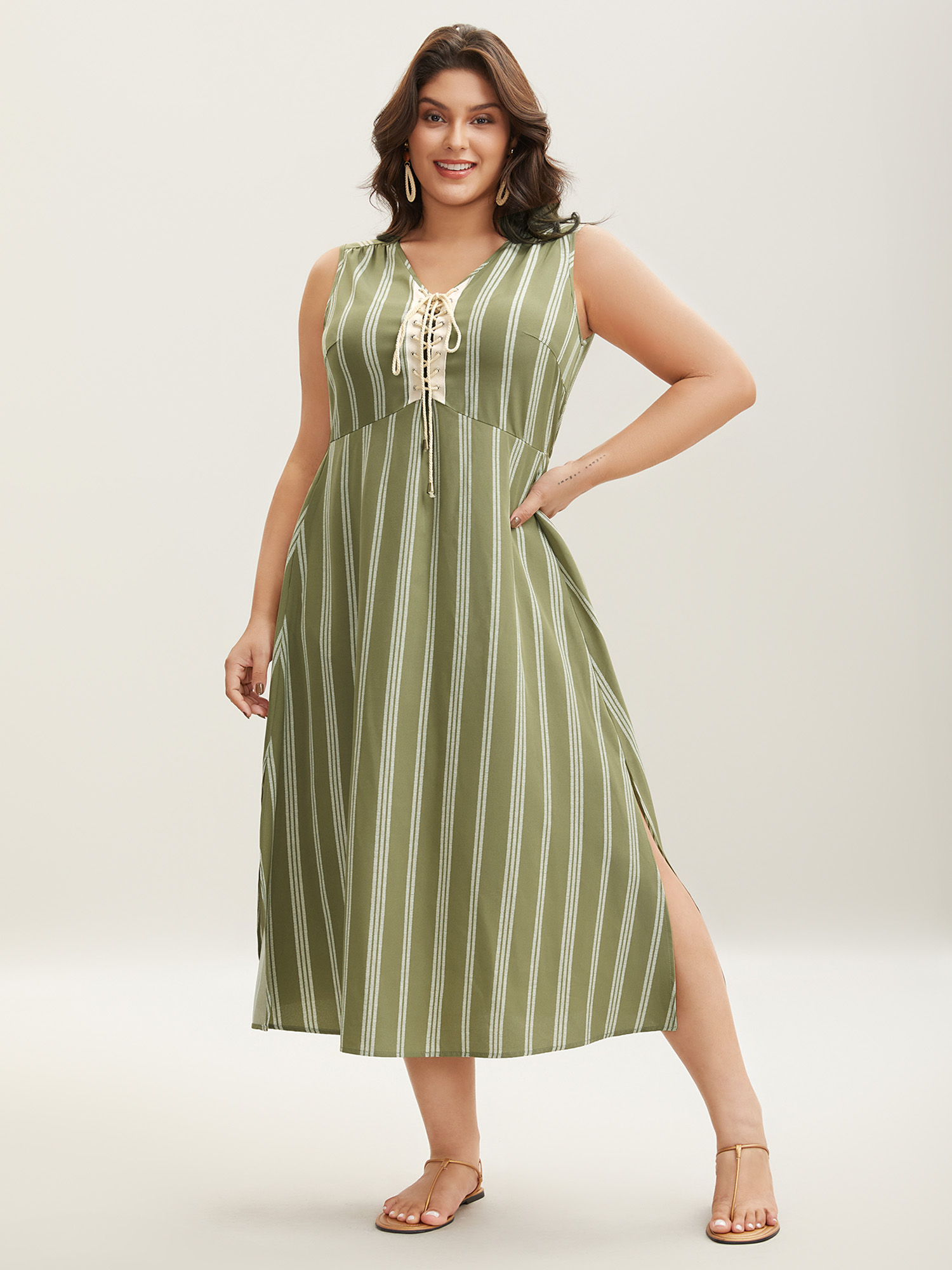 

Plus Size Solid Stripes Bust Lace-Up Midi Dress Olive Women V-neck Sleeveless Curvy BloomChic