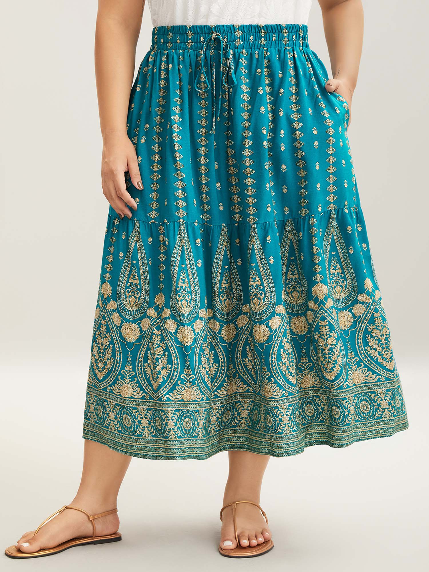 

Plus Size Boho Geometric Print Tiered Maxi Skirt Women Turquoise Elegant Drawstring Bodycon Low stretch Slanted pocket Everyday-Elegant Skirts BloomChic