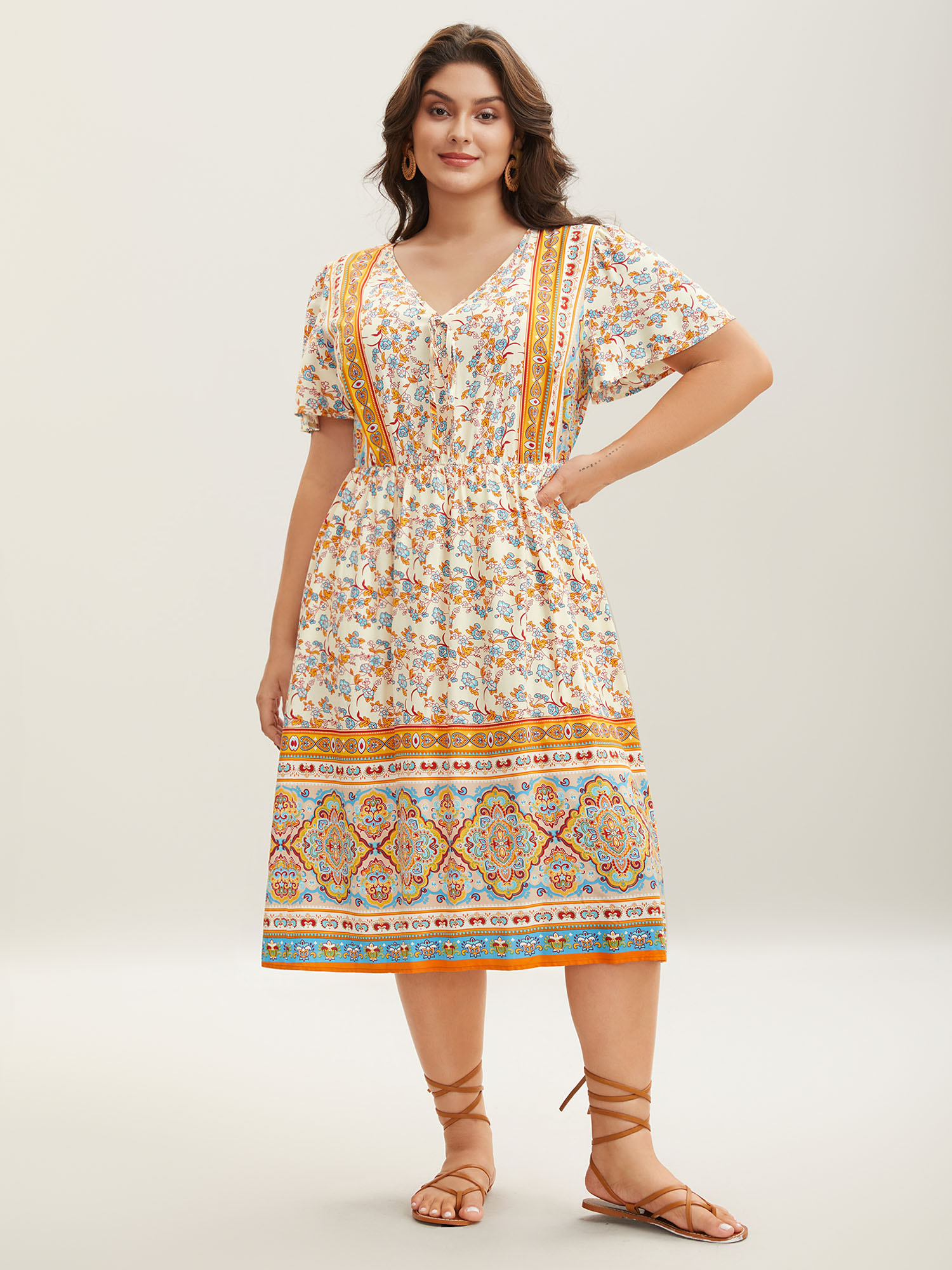 

Plus Size Boho Print Adjustable Neck Ties Midi Dress Lightyellow Women V-neck Short sleeve Curvy BloomChic