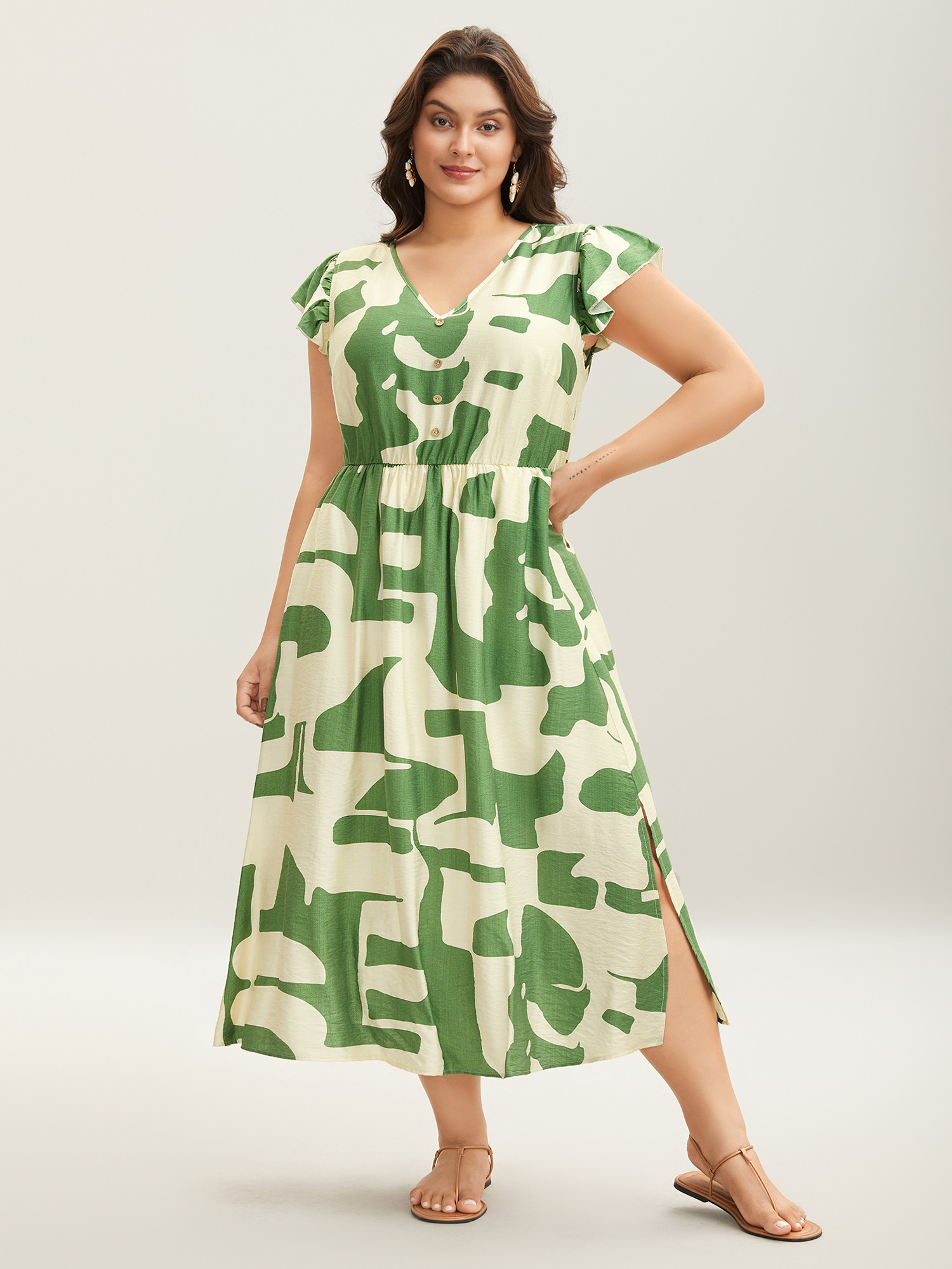 

Plus Size Geometric Print Cinched-Waist Button Midi Dress Olive Women V-neck Short sleeve Curvy BloomChic