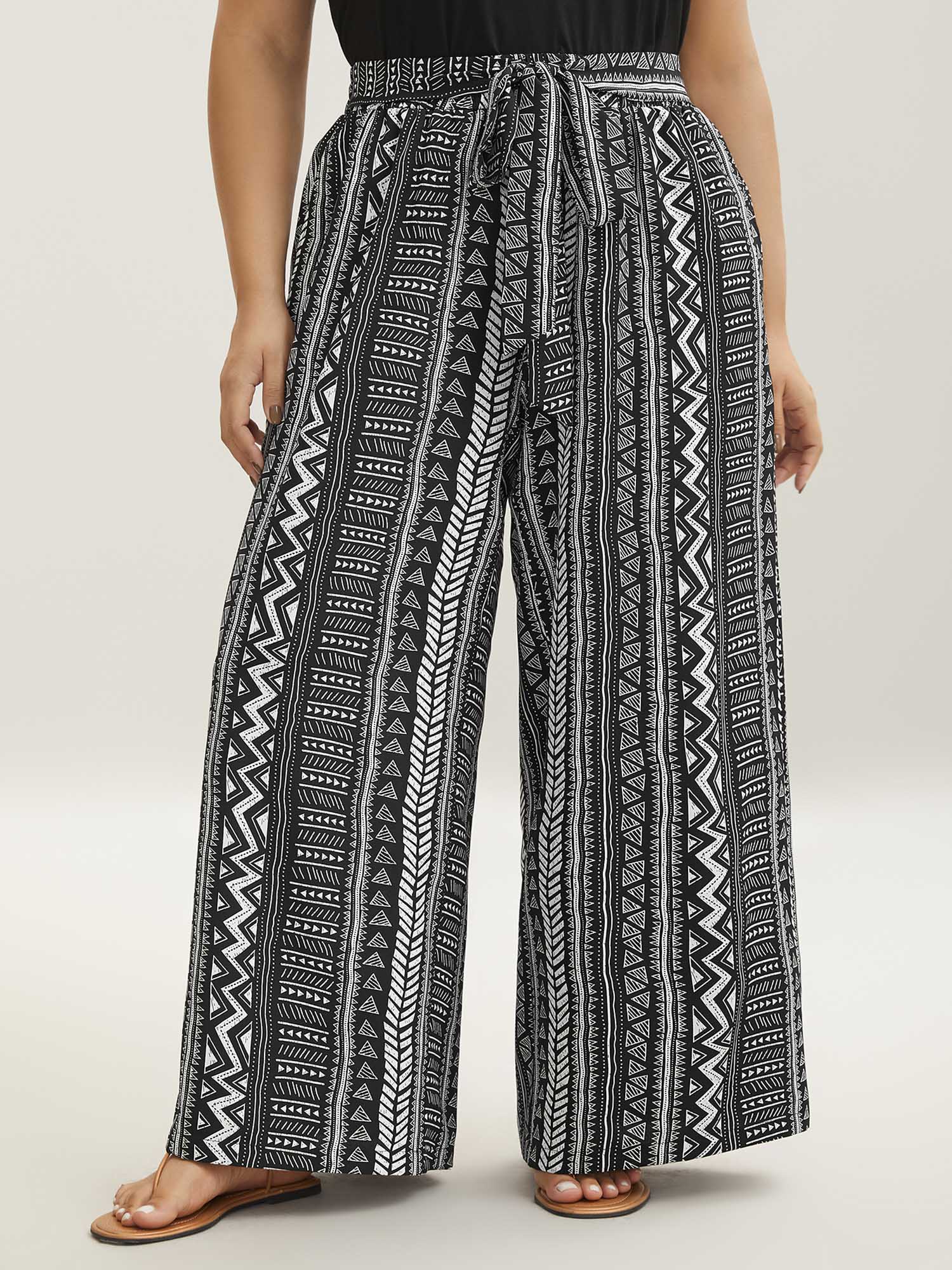 

Plus Size Waist-Tie Wide-Leg Boho Print Pants Women Black Casual Wide Leg Mid Rise Everyday-Casual Pants BloomChic