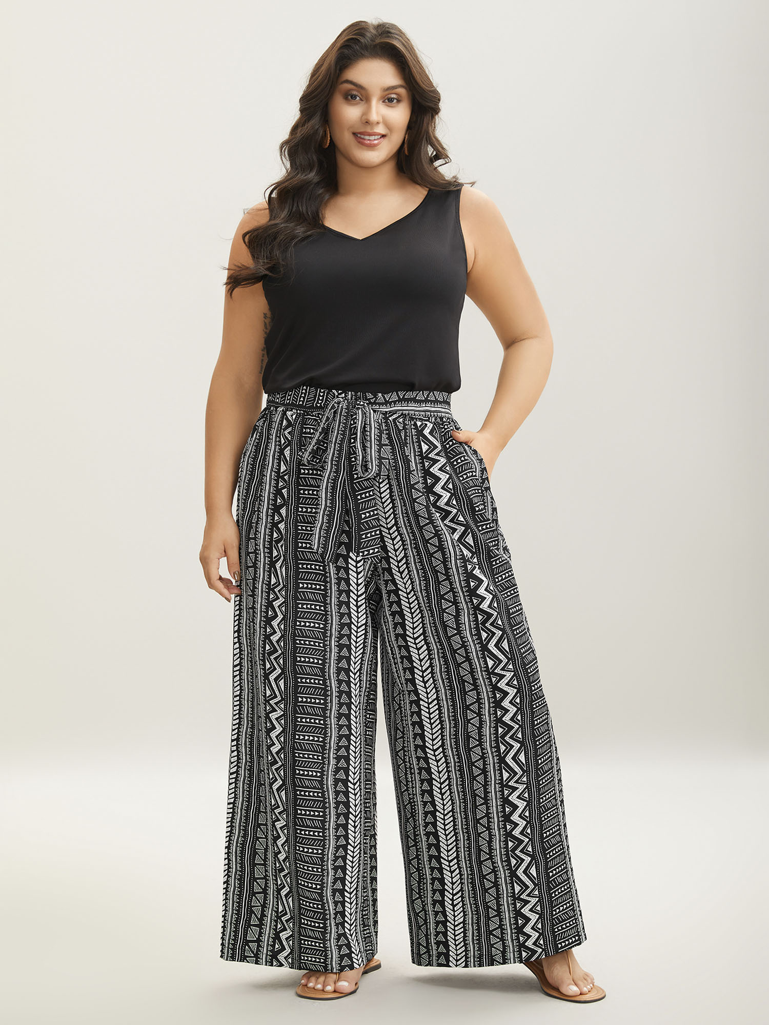 

Plus Size Waist-Tie Wide-Leg Boho Print Pants Women Black Casual Wide Leg Mid Rise Everyday-Casual Pants BloomChic