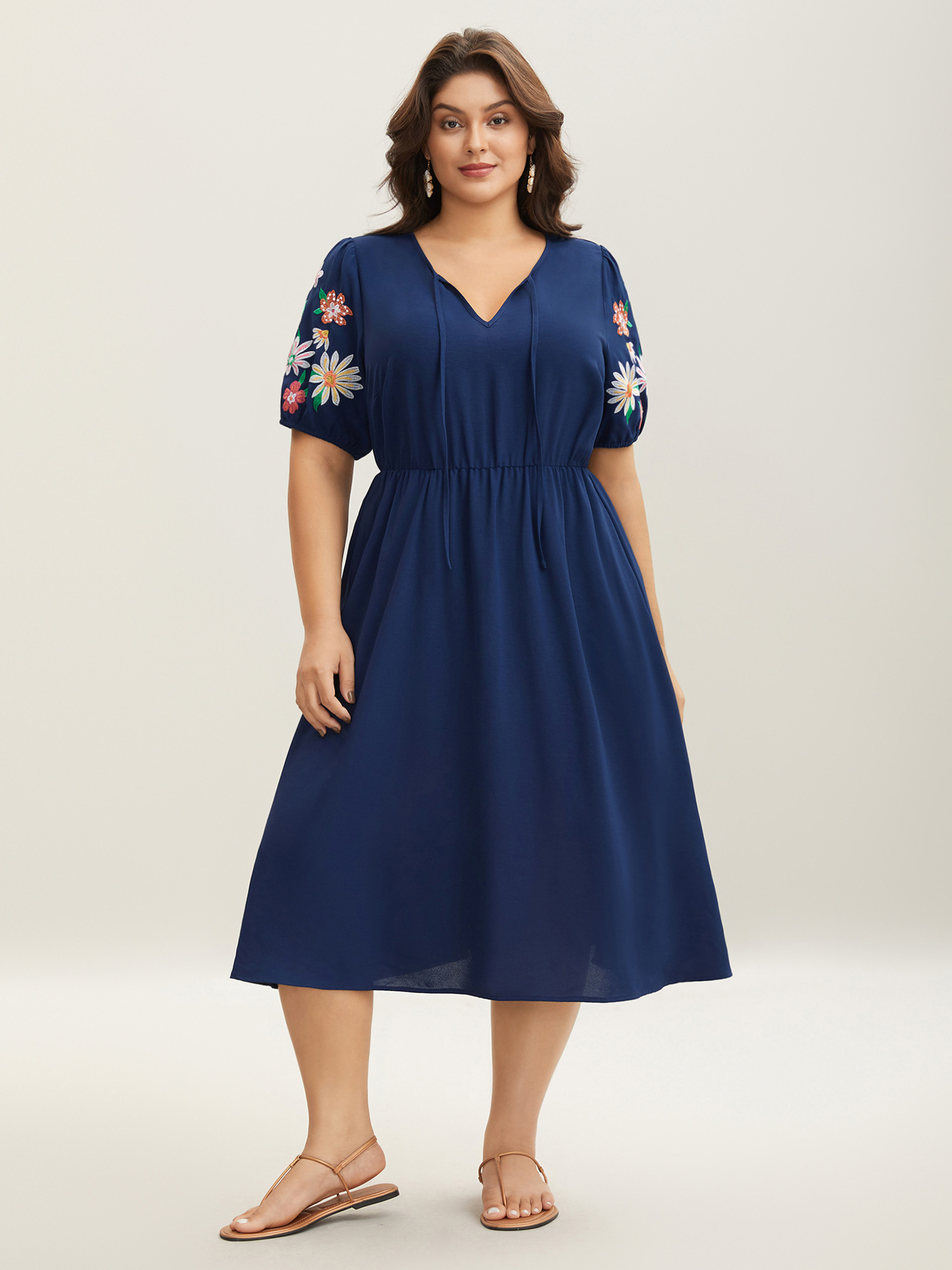 

Plus Size Floral Embroidered Neck Tie Midi Dress Indigo Women Notched collar Short sleeve Curvy BloomChic