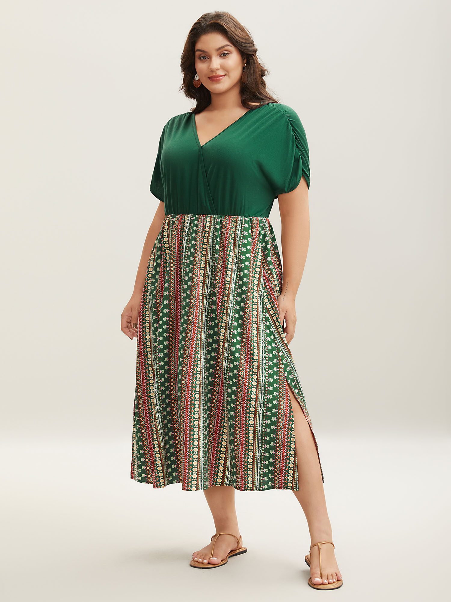 

Plus Size Boho Stripes Spliced Ruched Sleeve Midi Dress Truegreen Women Gathered Overlap Collar Short sleeve Curvy BloomChic