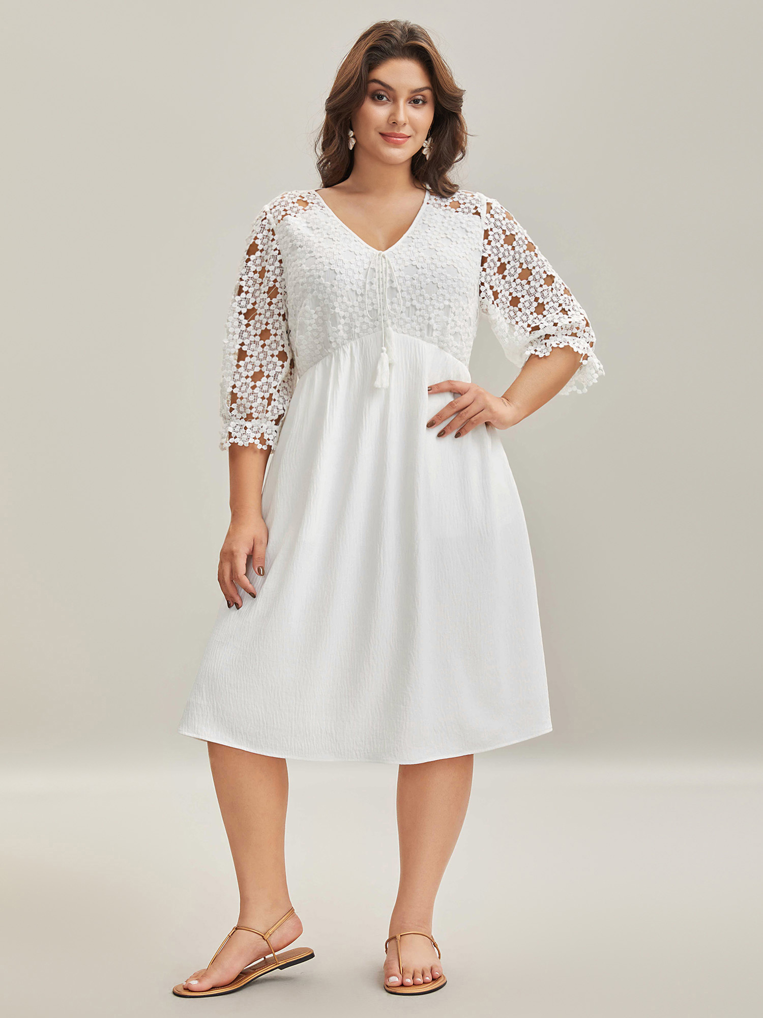 

Plus Size Sheer Lace Sleeve Pockets Flowy Midi Dress Ivory Women V-neck Elbow-length sleeve Curvy BloomChic