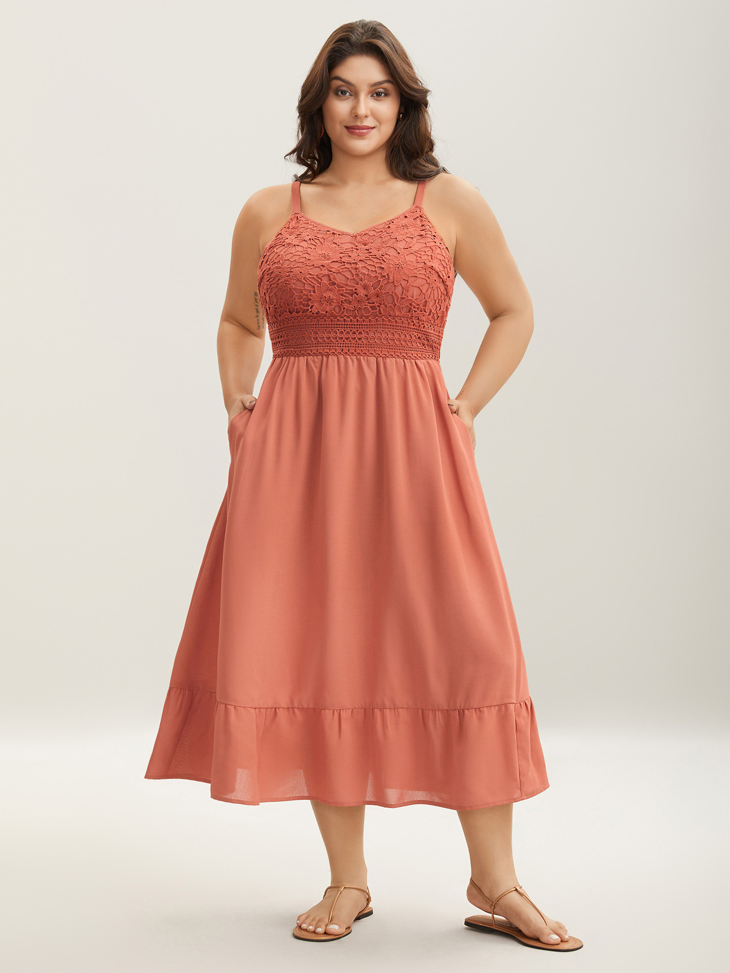 

Plus Size Lace Patchwork Stretchy Waist Midi Dress Coral Women V-neck Sleeveless Curvy BloomChic