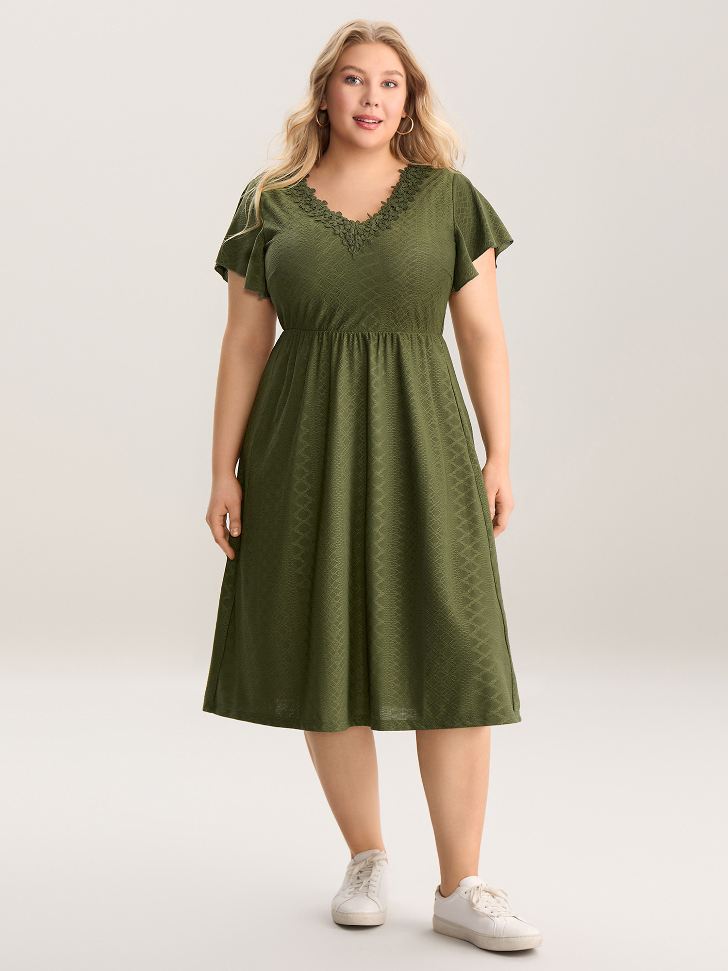 

Plus Size Textured Lace V-Neck Knit Midi Dress ArmyGreen Women V-neck Short sleeve Curvy BloomChic