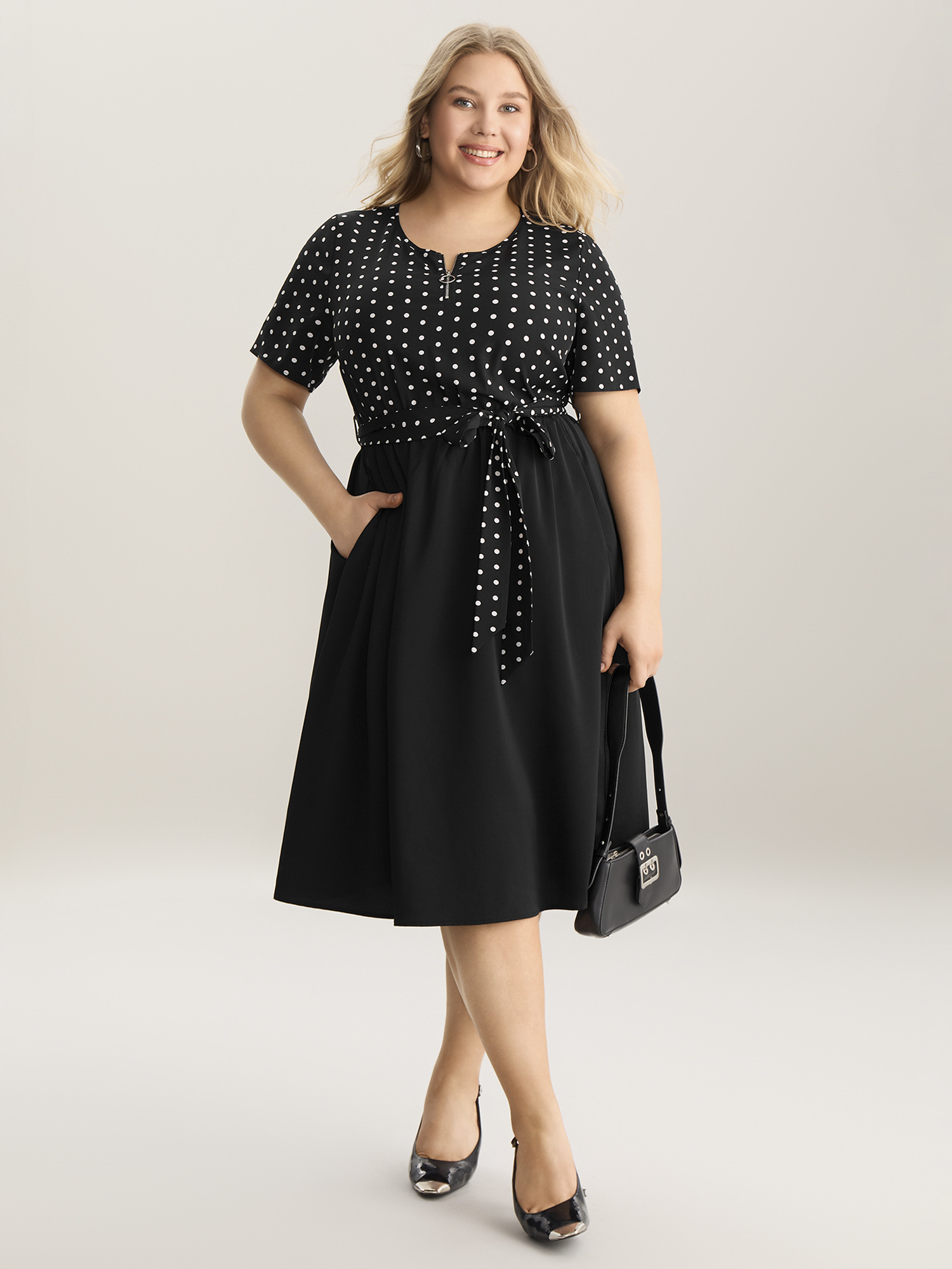 

Plus Size Polka Dot Print Half Zipper Midi Dress BlackFlower Women Round Neck Short sleeve Curvy BloomChic