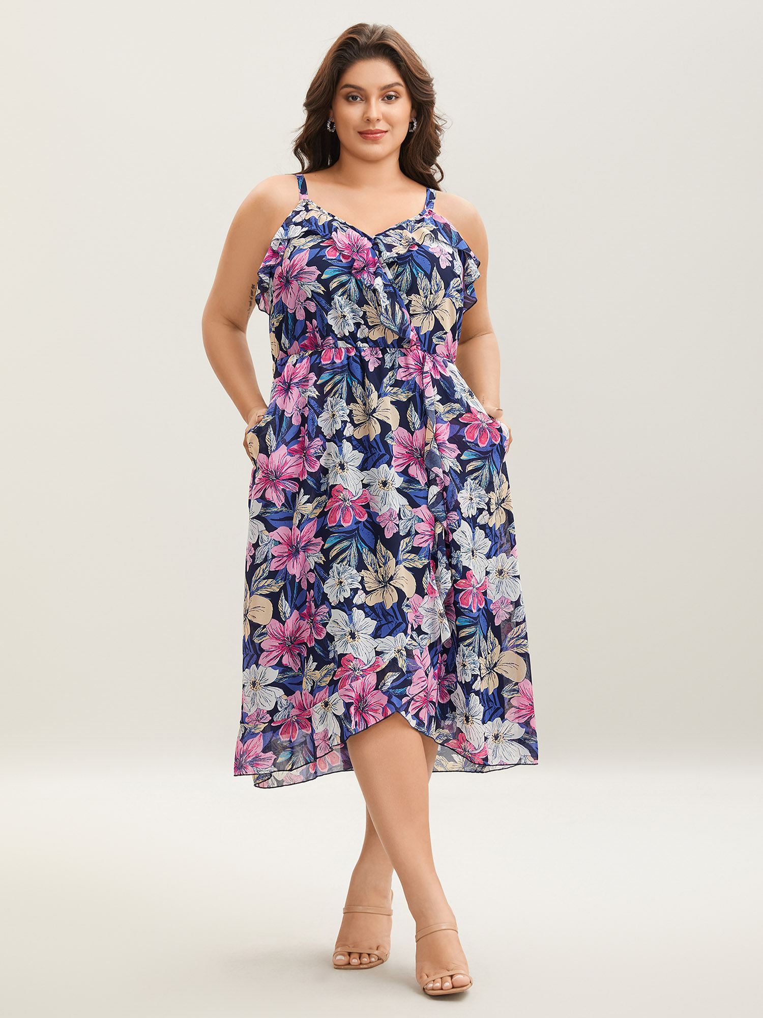 

Plus Size Large Flower Print Overlap Hem Midi Dress Navy Women Non Sleeveless Curvy BloomChic