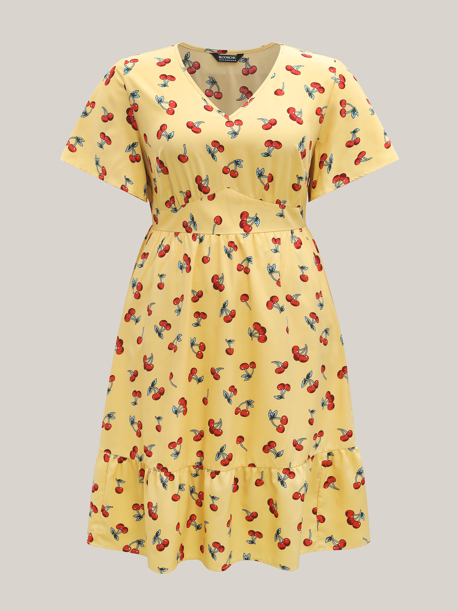 

Plus Size Cherry Print Stretchy Cinched-Waist Midi Dress Lemonyellow Women V-neck Short sleeve Curvy BloomChic