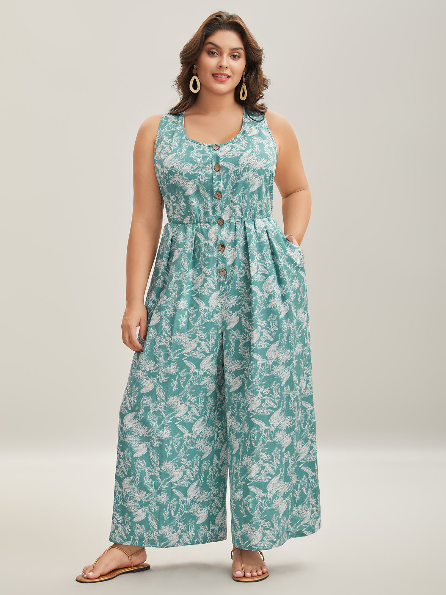 

Plus Size Turquoise Plant Print Button Detail Stretchy Jumpsuit Women Sleeveless V-neck Vacation Loose Jumpsuits BloomChic