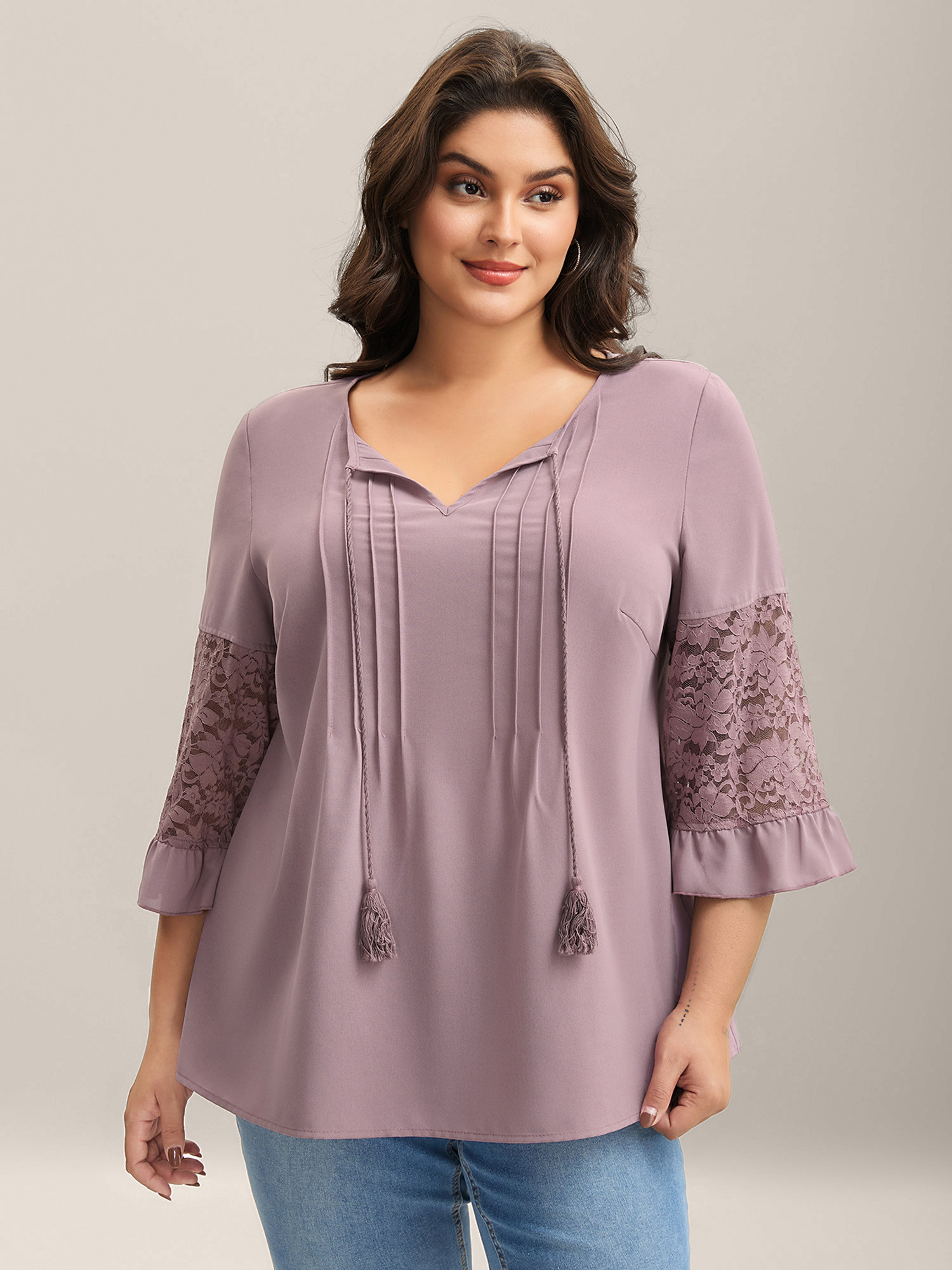 

Plus Size Lilac Toothpick Pleats Lace Neck Tie Blouse Women Elbow-length sleeve Notched collar Vacation Blouses BloomChic