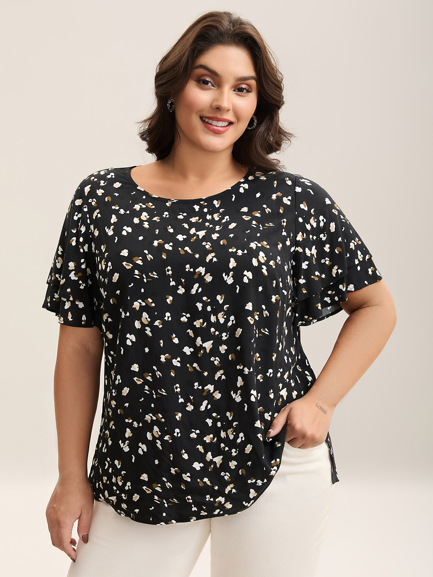 

Plus Size Black Leopard Dot Print Layered Sleeve Blouse Women Short sleeve Round Neck Work Blouses BloomChic