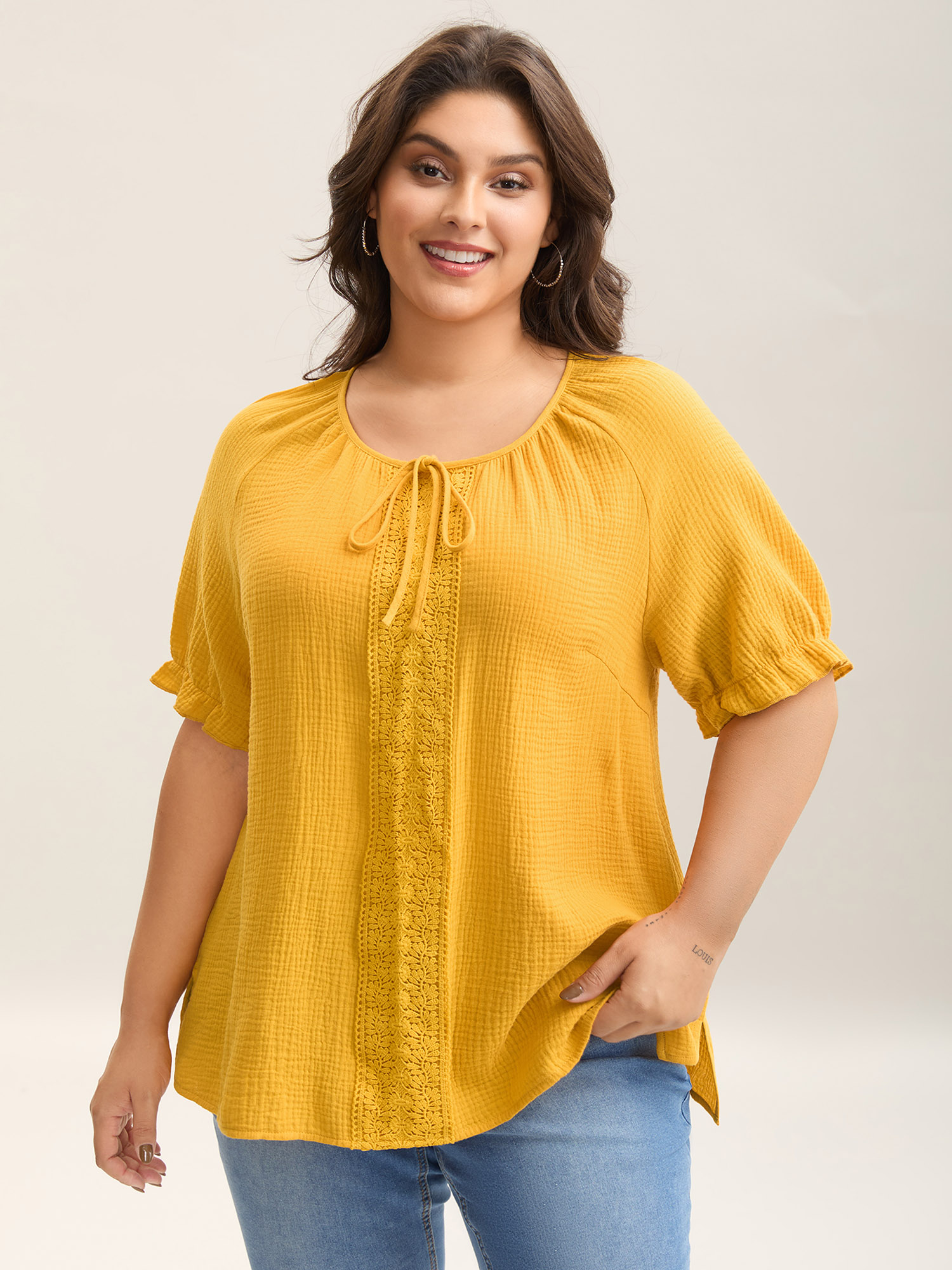 

Plus Size Turmeric Pure Cotton Lace Placket Tied Blouse Women Short sleeve Round Neck Everyday-Casual Blouses BloomChic