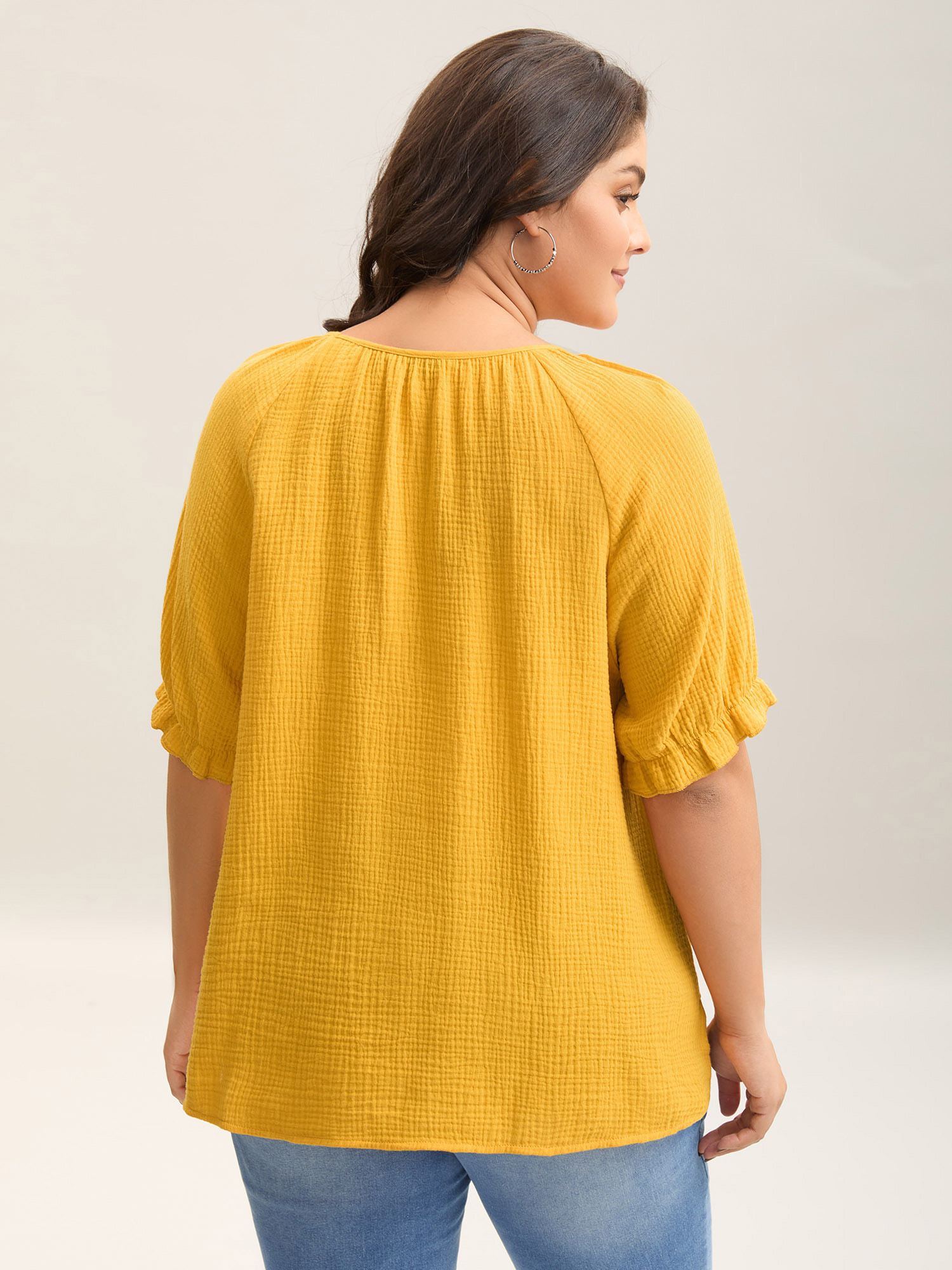 

Plus Size Turmeric Pure Cotton Lace Placket Tied Blouse Women Short sleeve Round Neck Everyday-Casual Blouses BloomChic