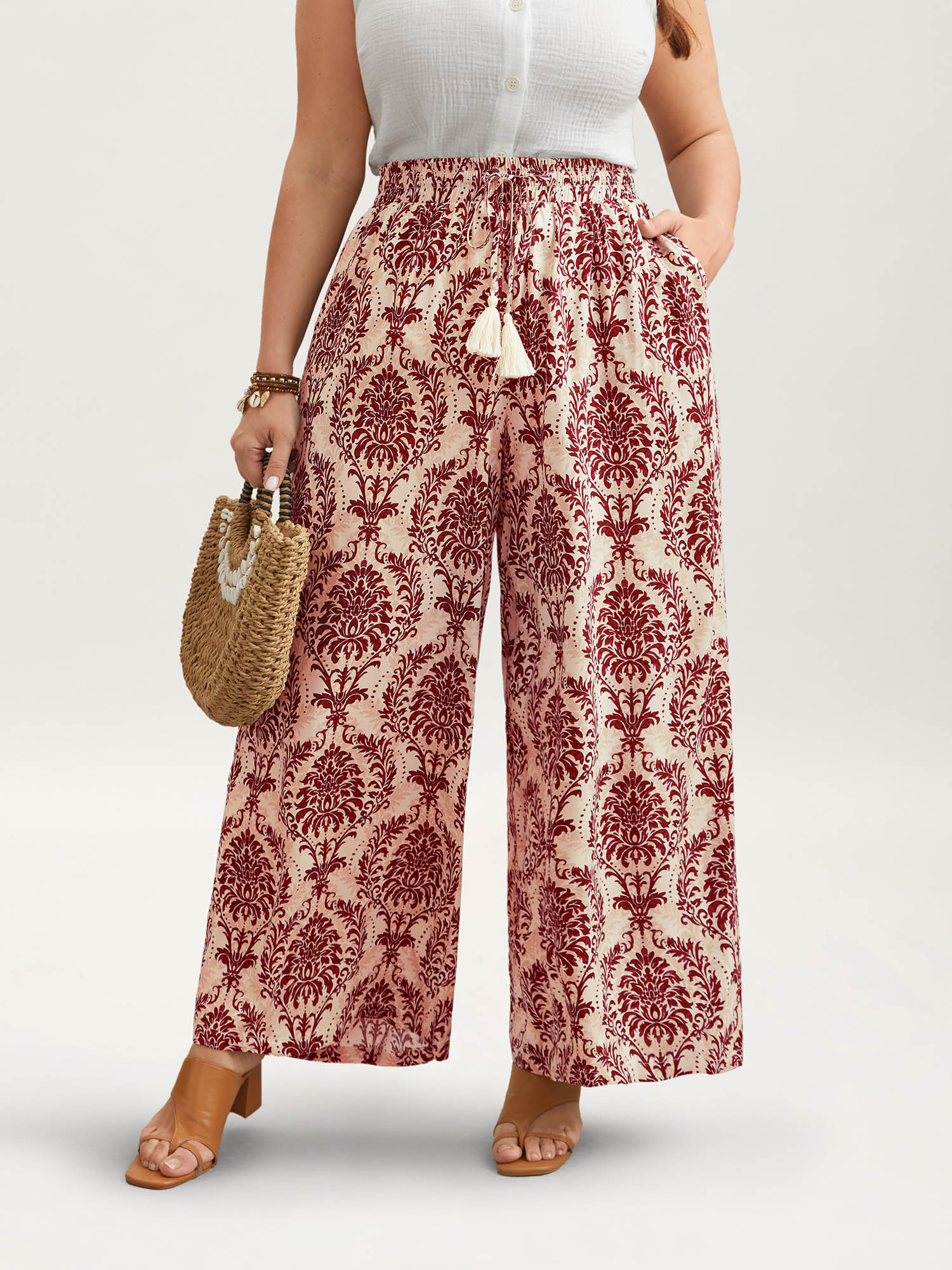 

Plus Size Ornate Print Tassel Straight-Leg Pants Women Scarlet Resort Wide Leg Mid Rise Vacation Pants BloomChic