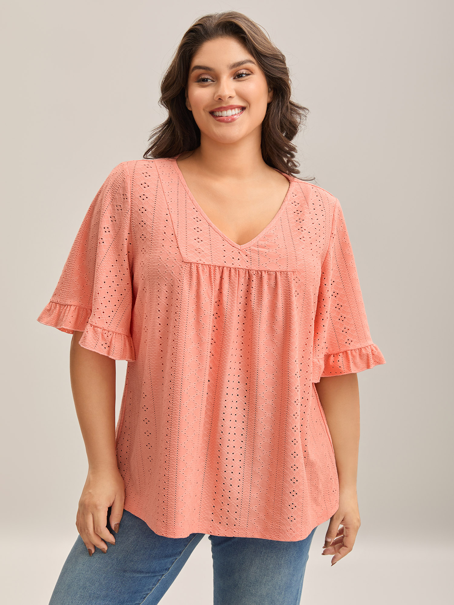 

Plus Size Eyelet Trim Ruffled Sleeve Knit Top Coral V-neck Elbow-length sleeve Jersey Tops